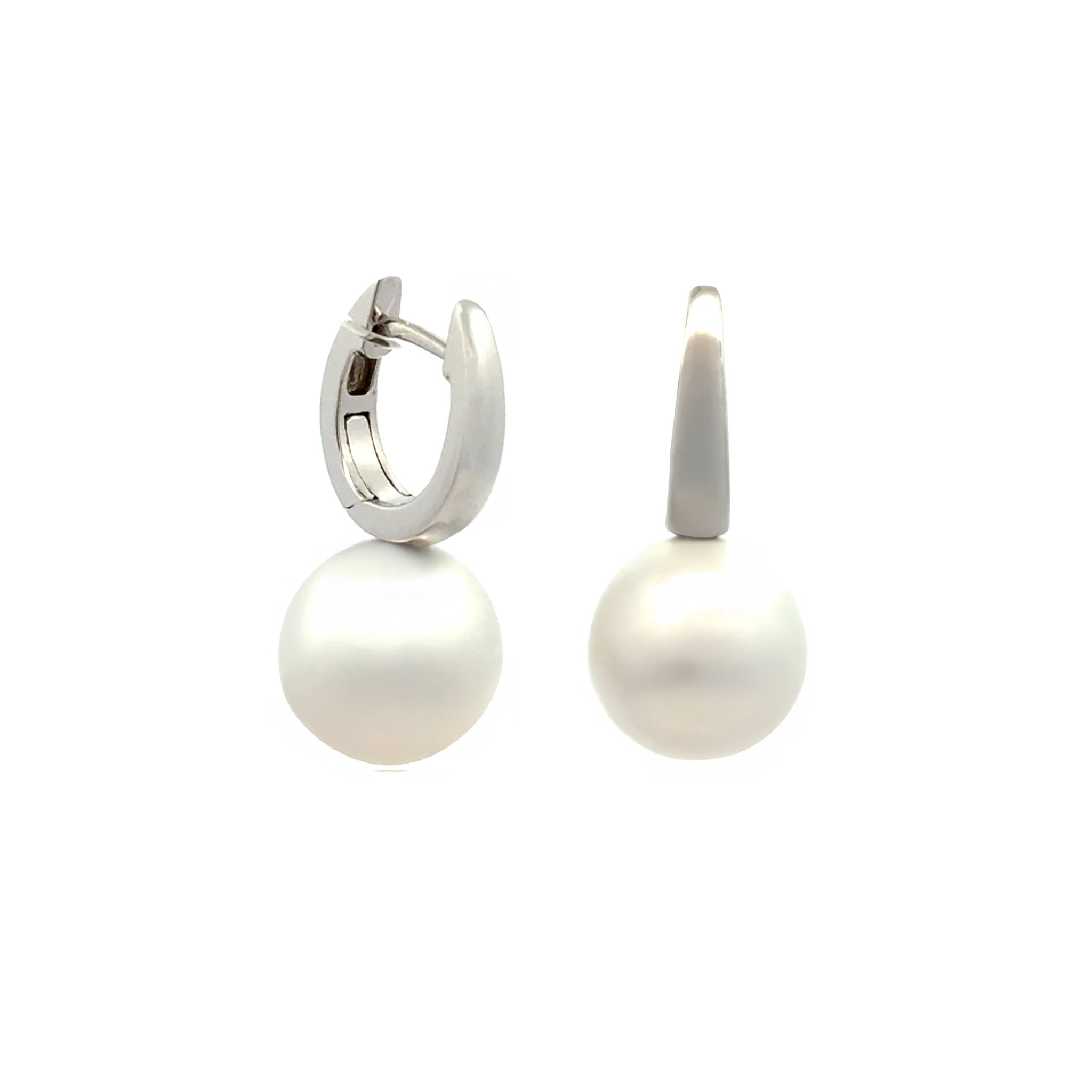9K White Gold Australian South Sea 12-13mm Cultured Pearl Huggie Earrings side view on white background