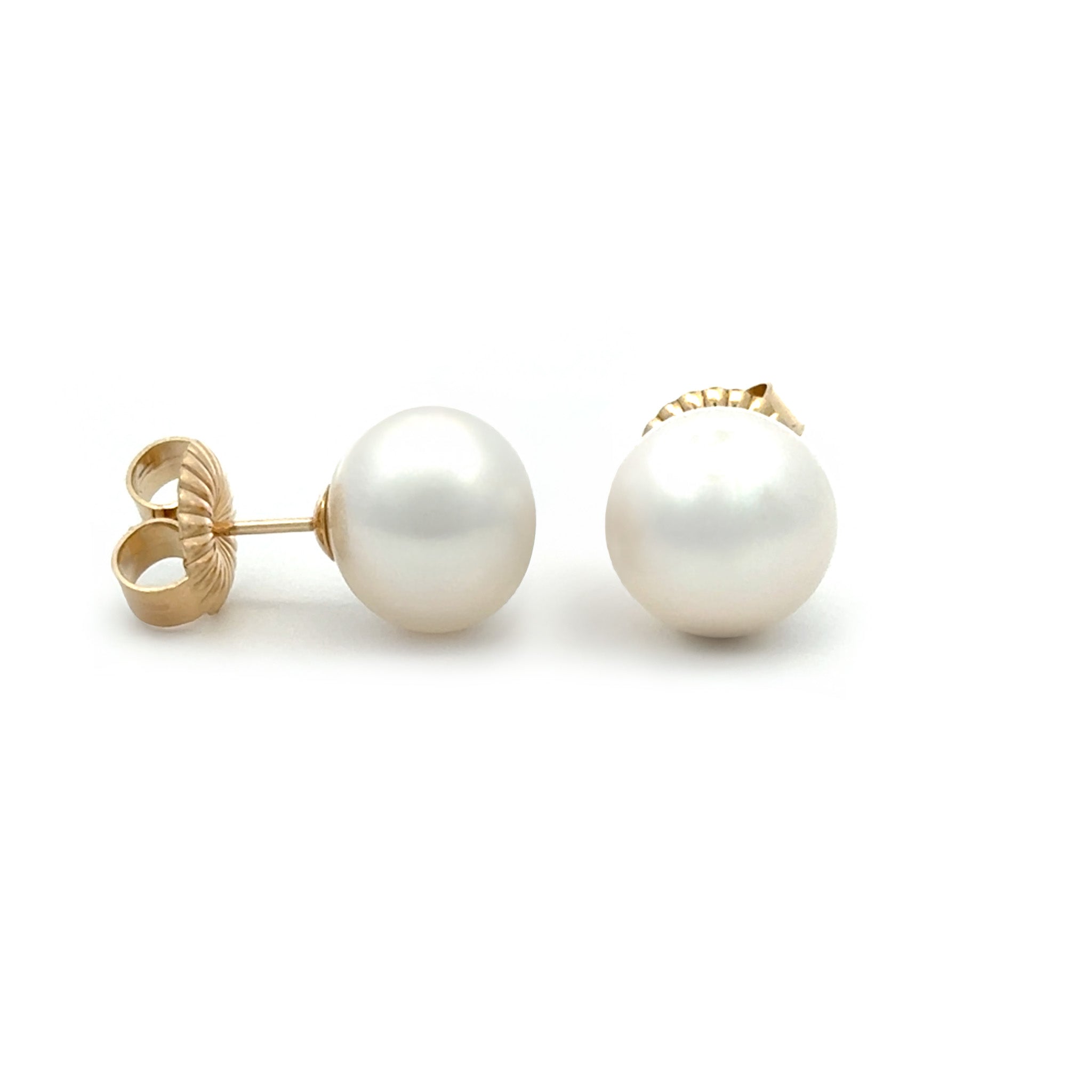 9K Yellow Gold Australian South Sea 11-12 mm Cultured Pearl Stud Earrings side view with white background