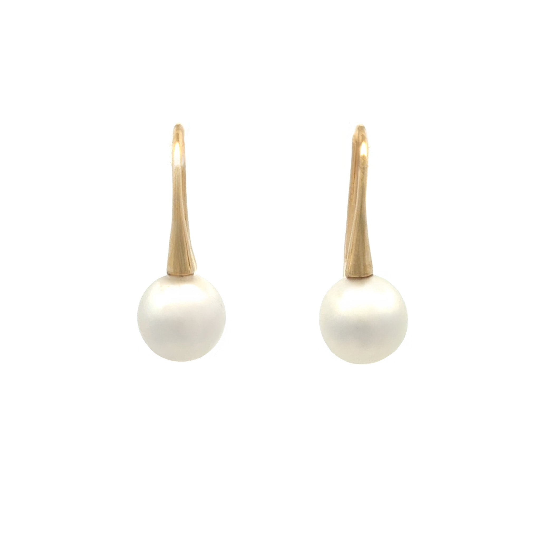 9K Yellow Gold Australian South Sea 8-9 mm Cultured Pearl Hook Earrings front view on a white background