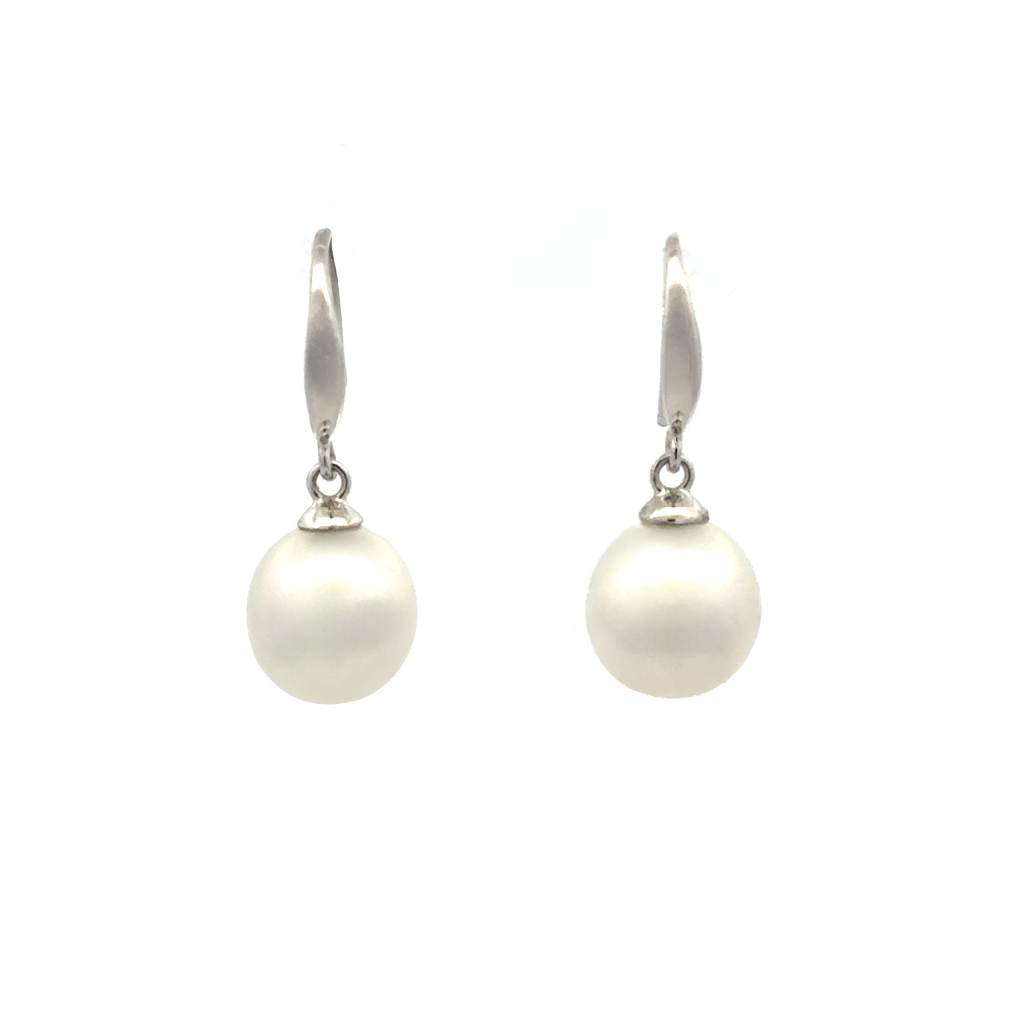 18K White Gold Australian South Sea 8-9 mm Cultured Pearl Hook Earrings front view on a white background