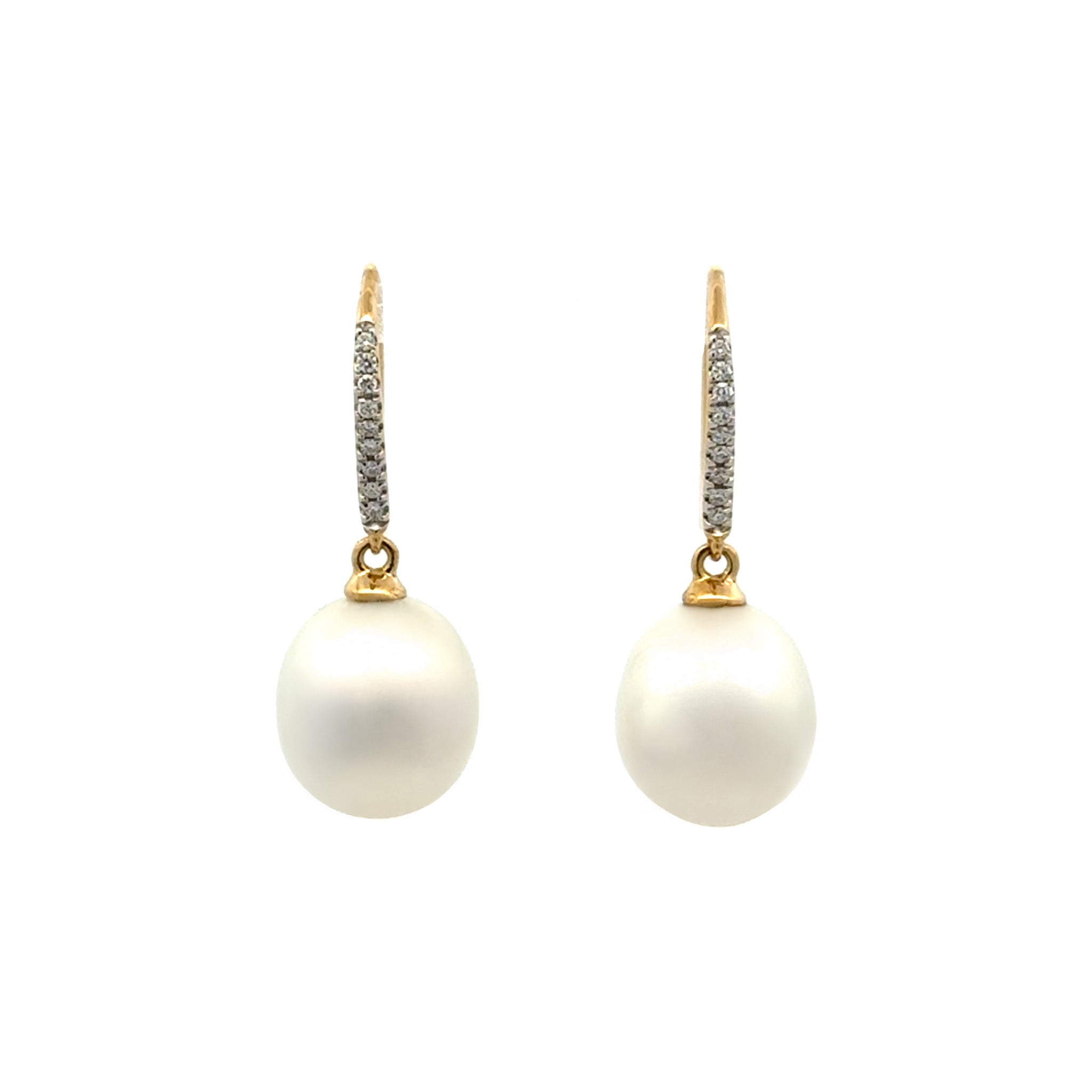 18K Yellow Gold Australian South Sea 10-11 mm Cultured Pearl and Diamond Hook Earrings front view with a white background