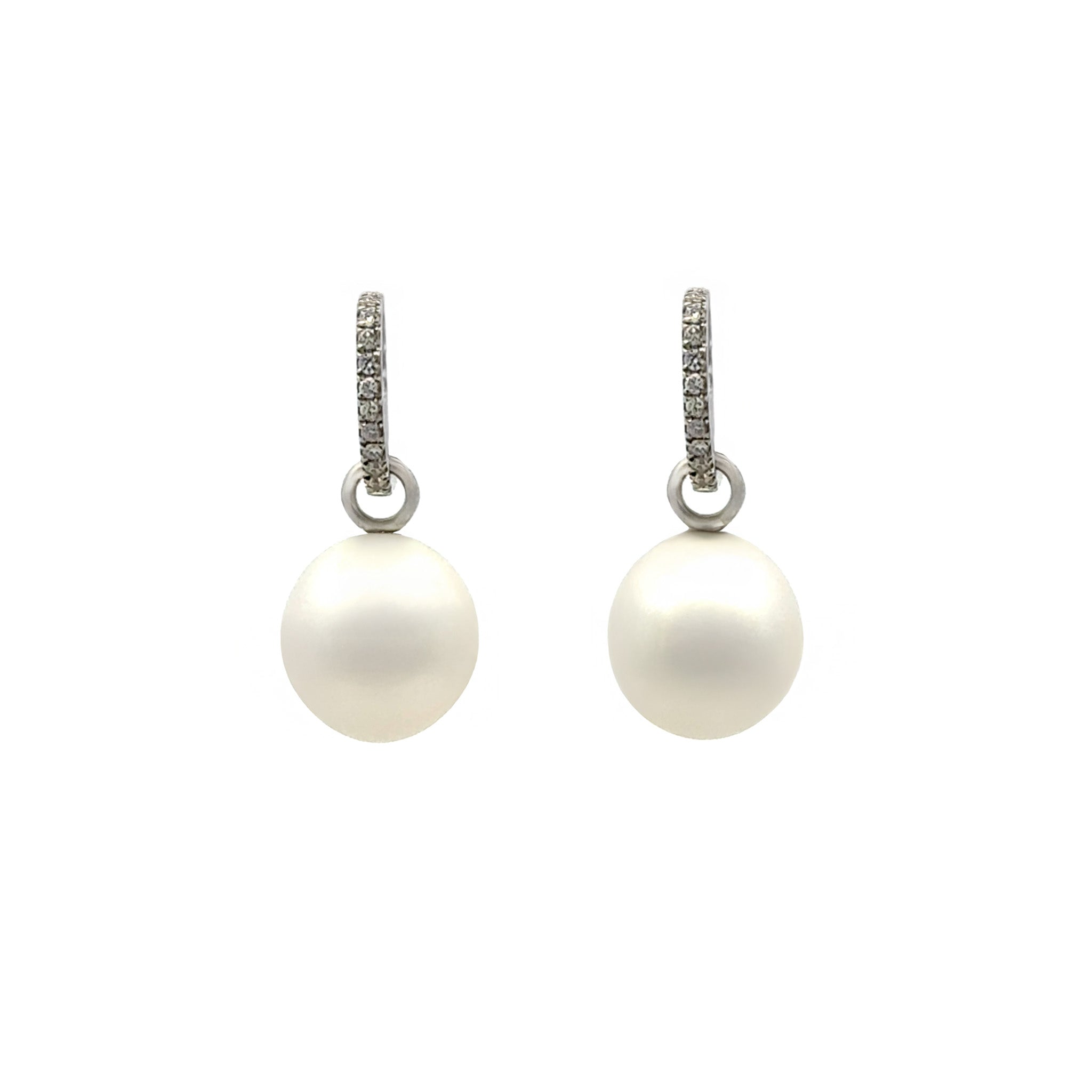 18K White Gold Australian South Sea 9-10 mm Cultured Pearl and Diamond Huggie Earrings front view