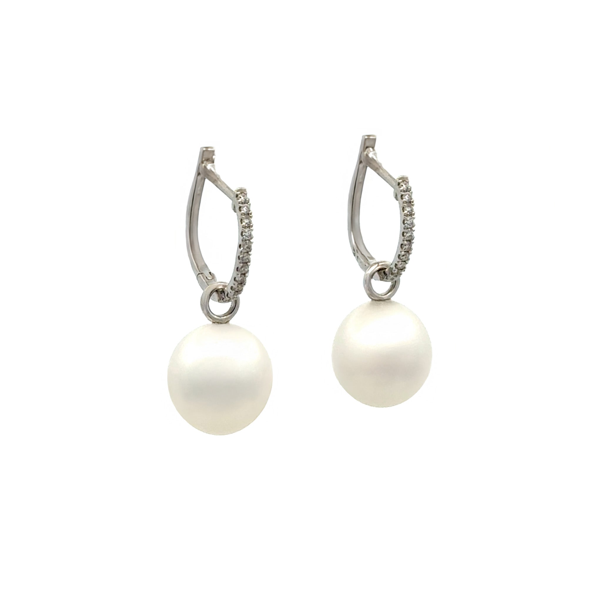 18K White Gold Australian South Sea 9-10 mm Cultured Pearl and Diamond Huggie Earrings side view