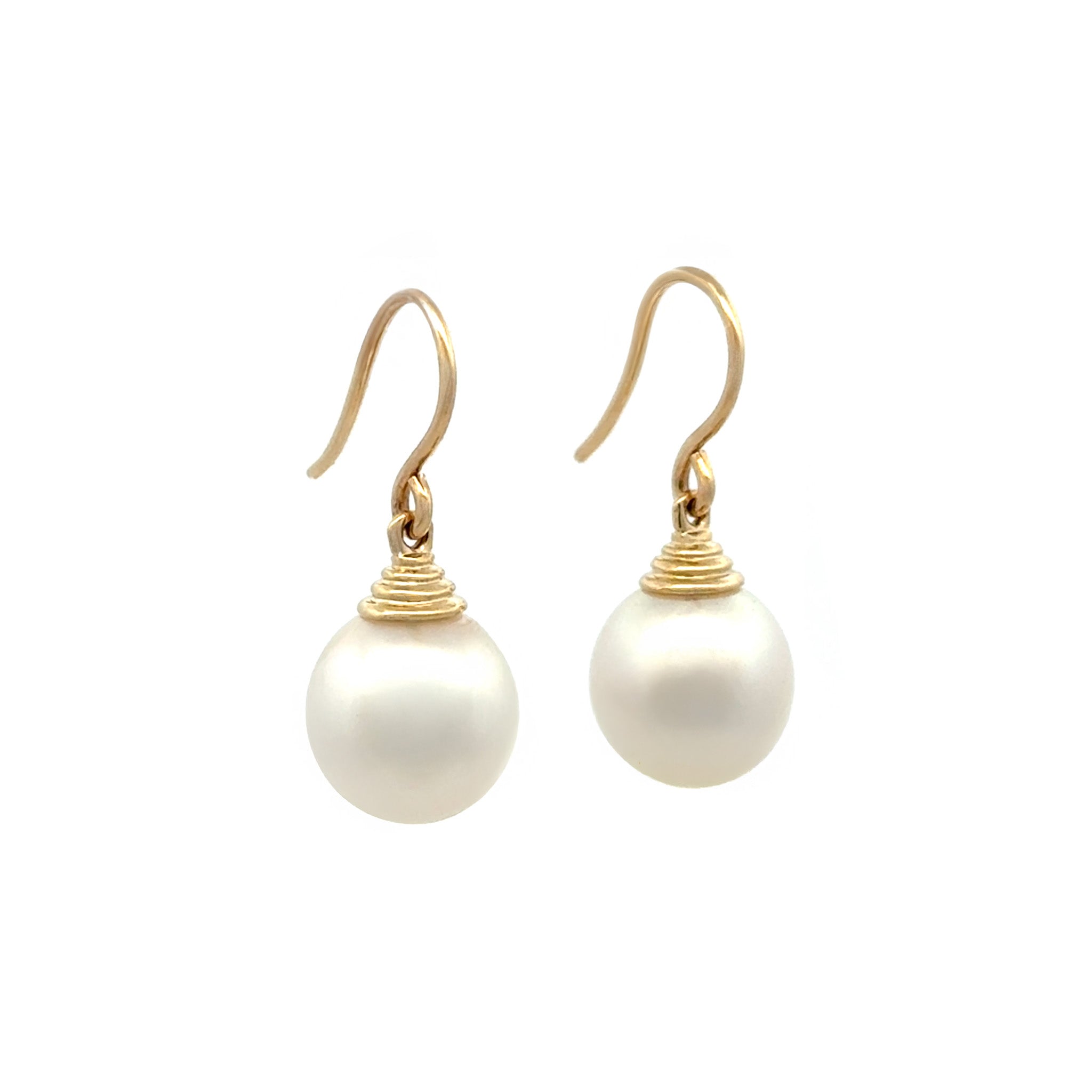 9K Yellow Gold Australian South Sea 11-12 mm Cultured Pearl Hook Earrings side view on a white background