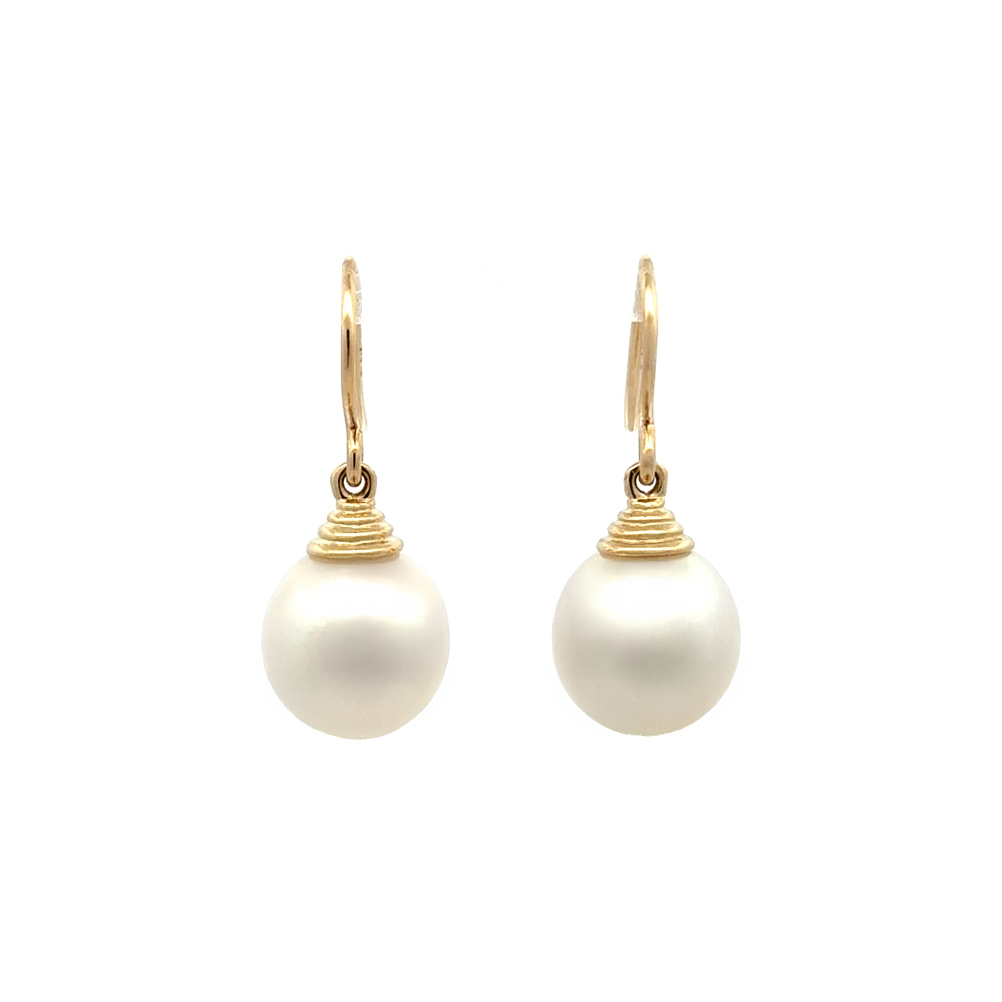 9K Yellow Gold Australian South Sea 11-12 mm Cultured Pearl Hook Earrings front view on a white background