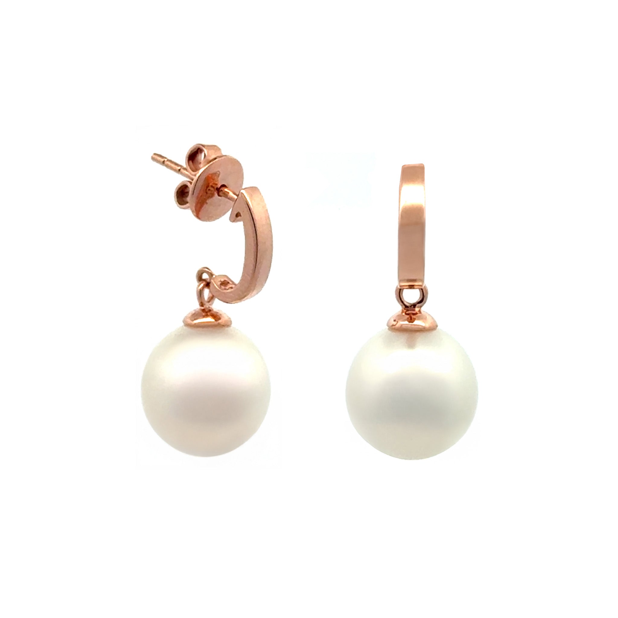 18K Rose Gold Australian South Sea 11-12 mm Cultured Pearl Drop Earrings side view on a white background