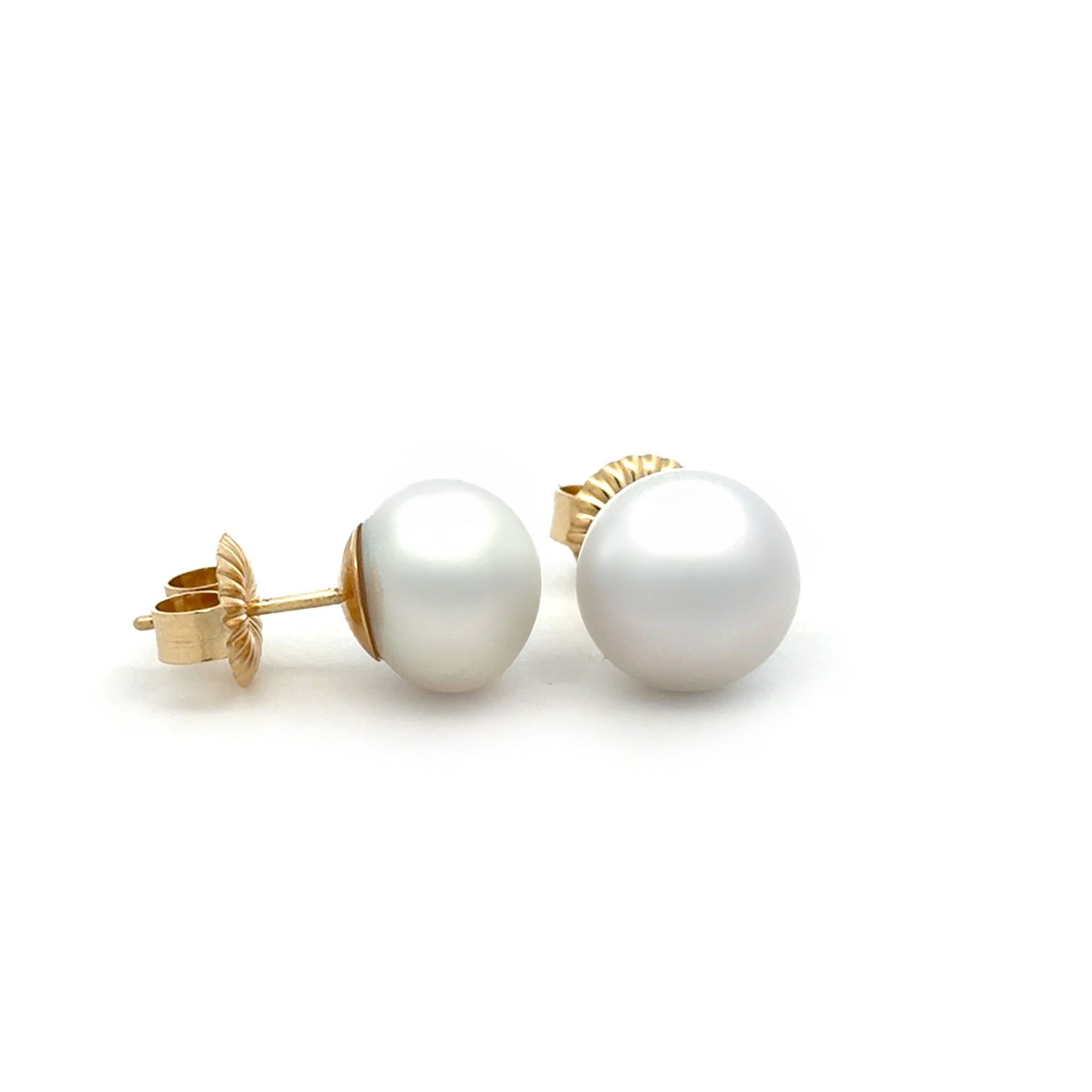 9K Yellow Gold Australian South Sea 12-13 mm Cultured Pearl Stud Earrings side view
