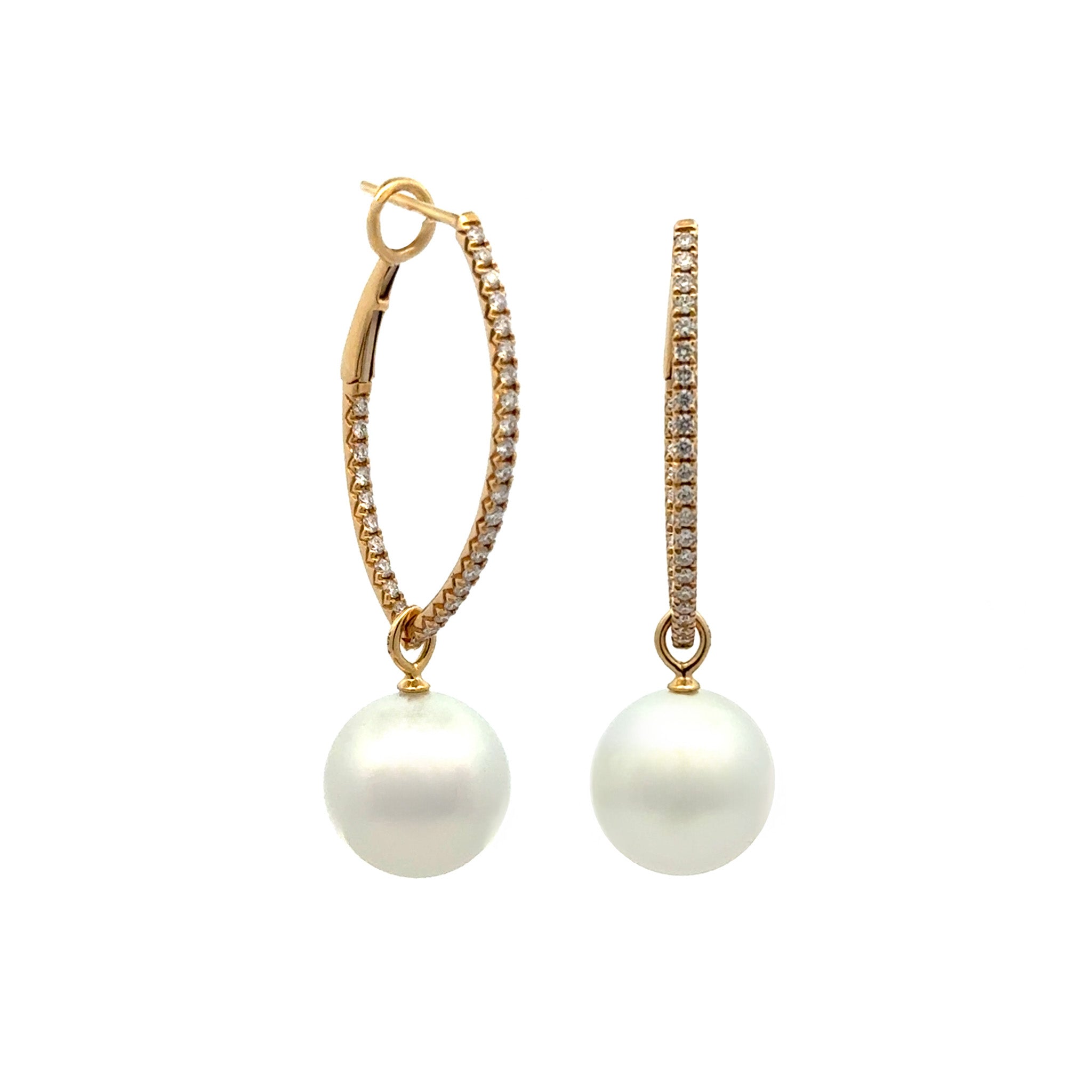 18K Yellow Gold Australian South Sea 12-13 mm Cultured Pearl and Diamond Drop Earrings side view