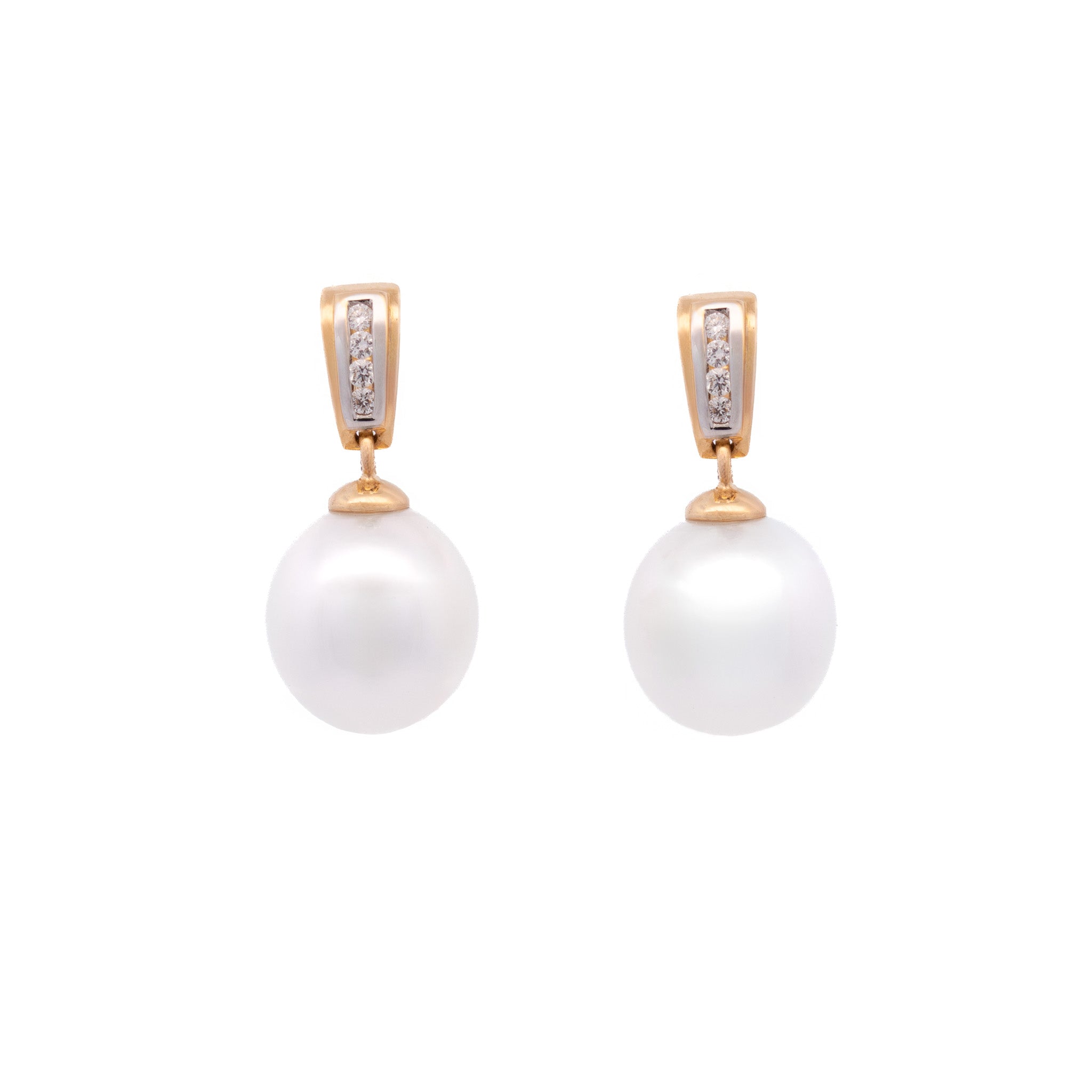 18K Yellow Gold Australian South Sea 10-11 mm Cultured Pearl and Diamond Drop Earrings front view
