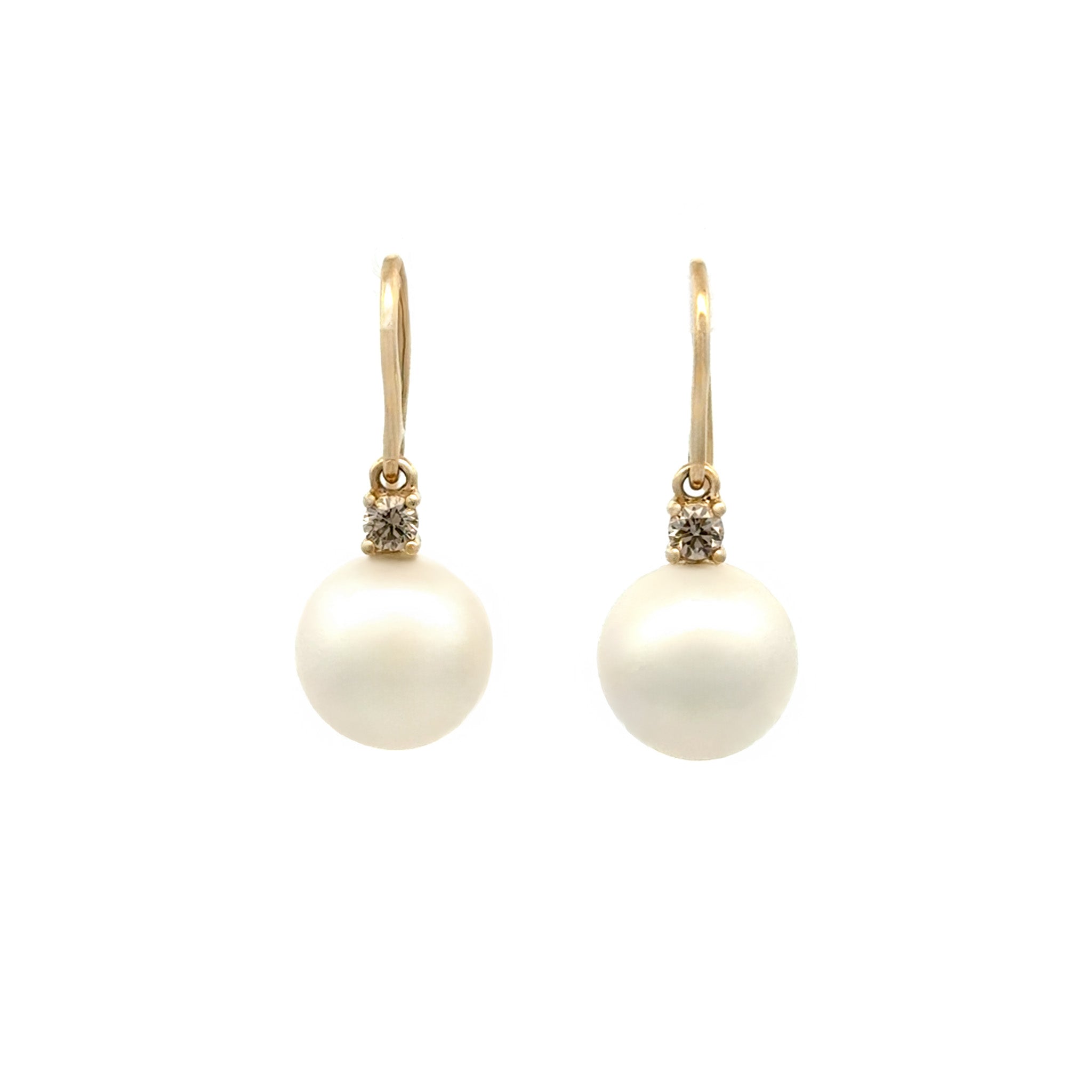 9K Yellow Gold Australian South Sea Cultured 11-12 mm Pearl and Diamond Hook Earrings front view