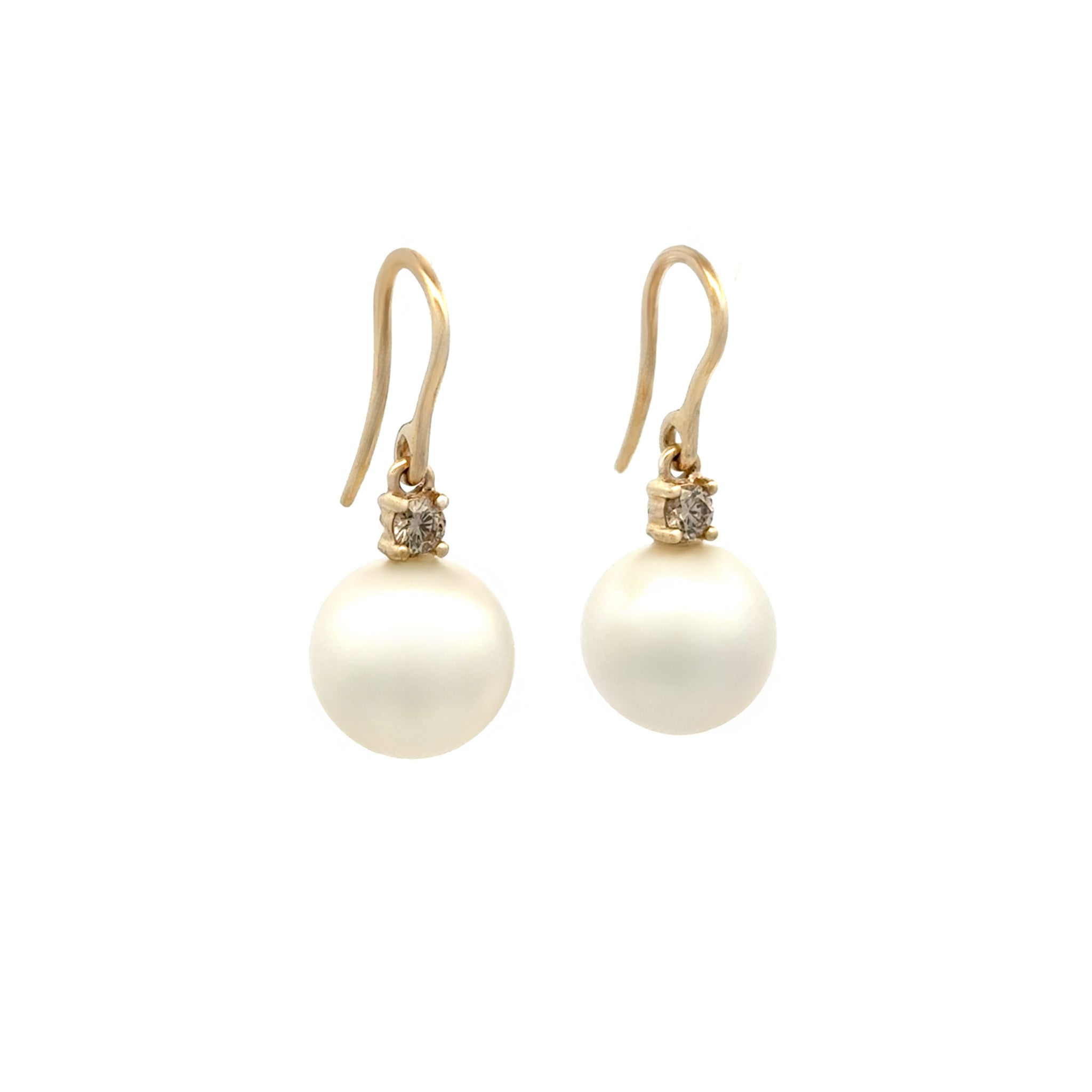 9K Yellow Gold Australian South Sea Cultured 11-12 mm Pearl and Diamond Hook Earrings side view