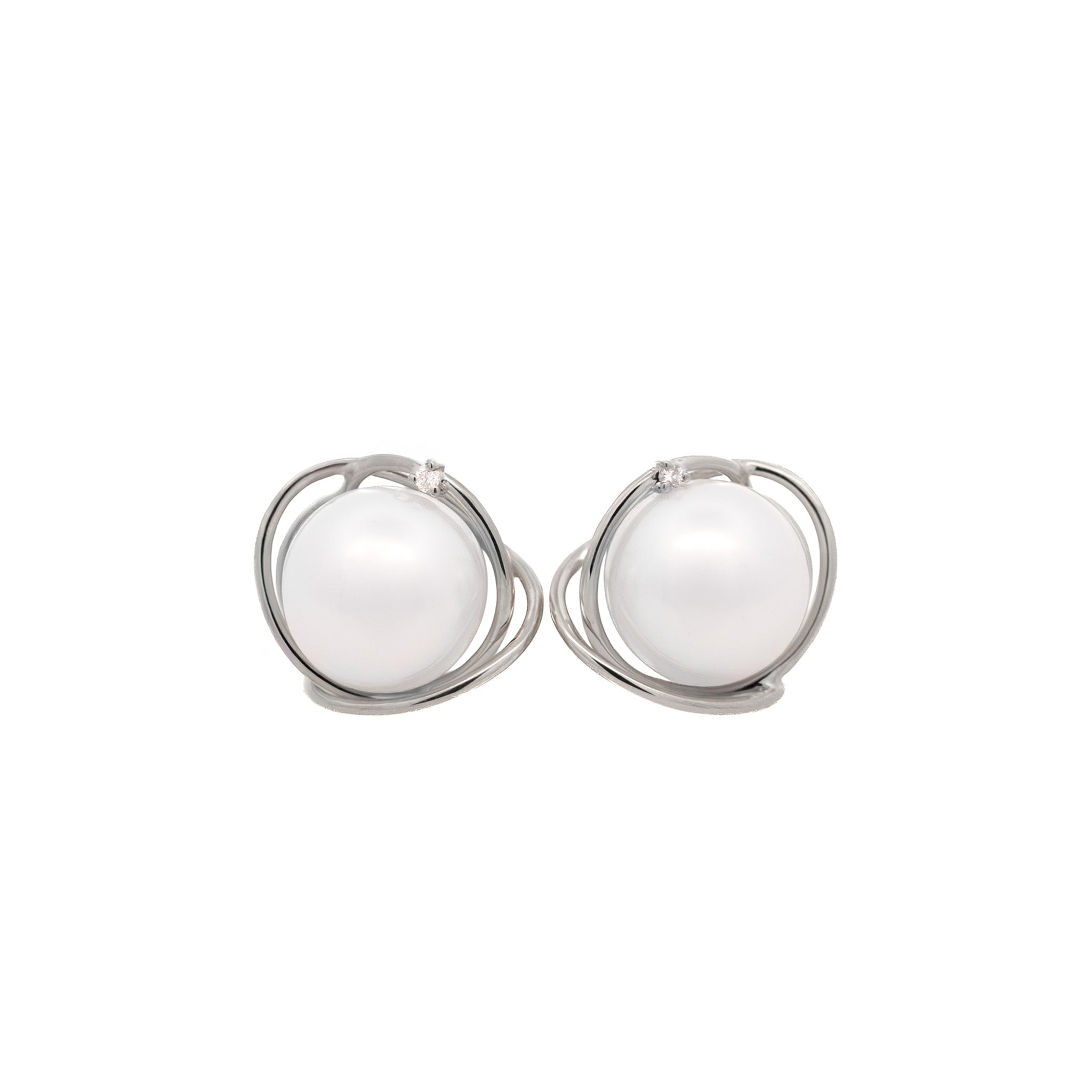 9K White Gold Australian South Sea 9-10 mm Cultured Pearl and Diamond Stud Earrings front view
