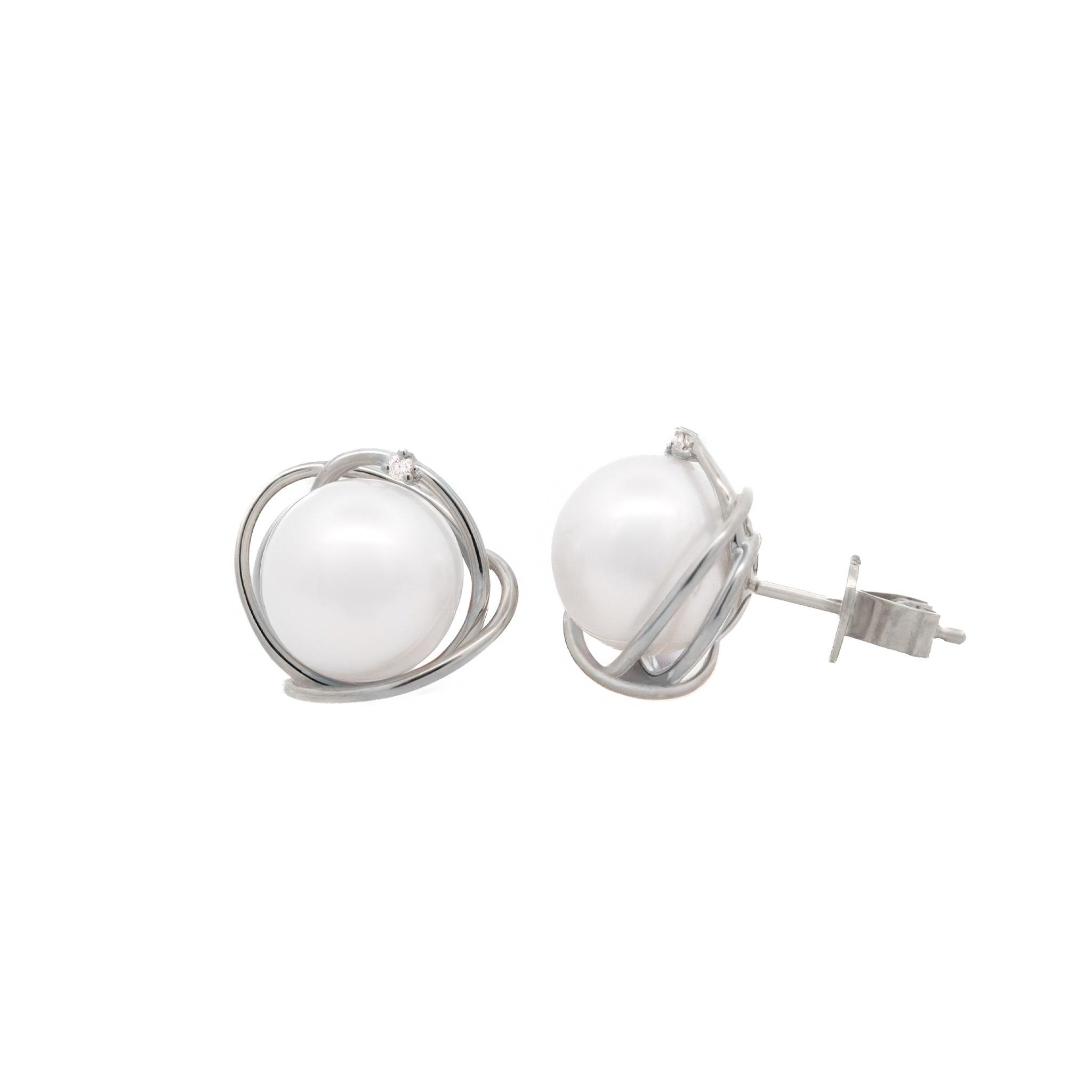 9K White Gold Australian South Sea 9-10 mm Cultured Pearl and Diamond Stud Earrings side view