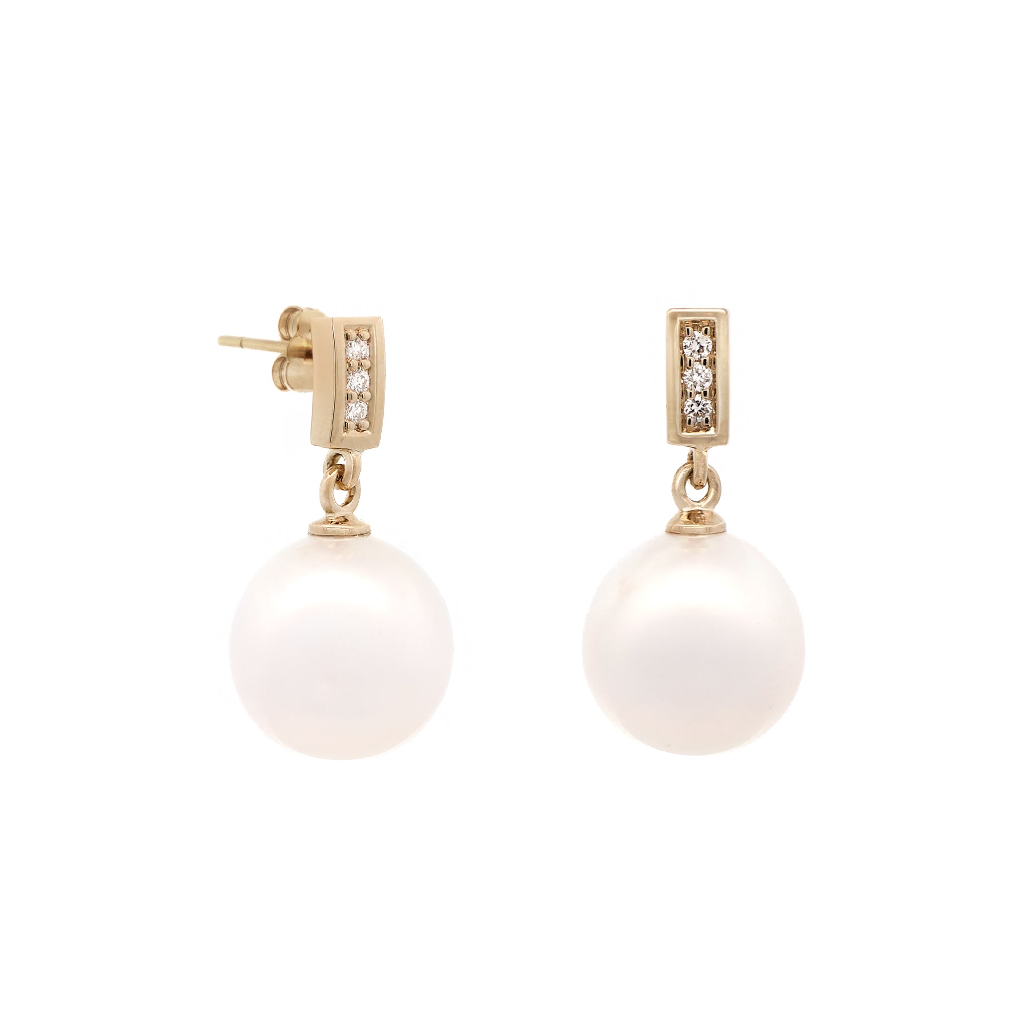 9K Yellow Gold Australian South Sea 10-11mm Cultured Pearl and Diamond Drop Earrings side view