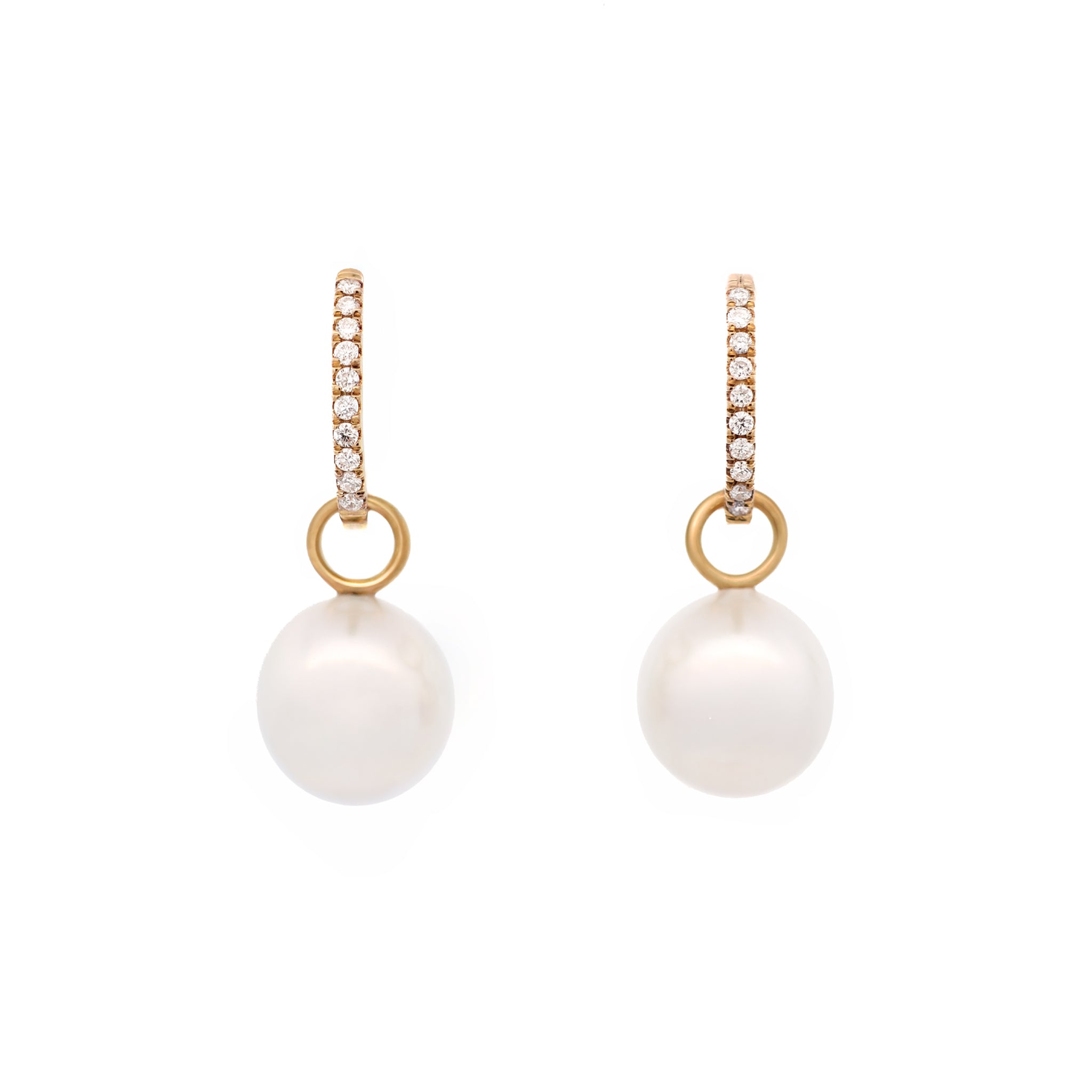18K Yellow Gold Australian South Sea 8-9mm Cultured Pearl and Diamond Huggie Earrings front view