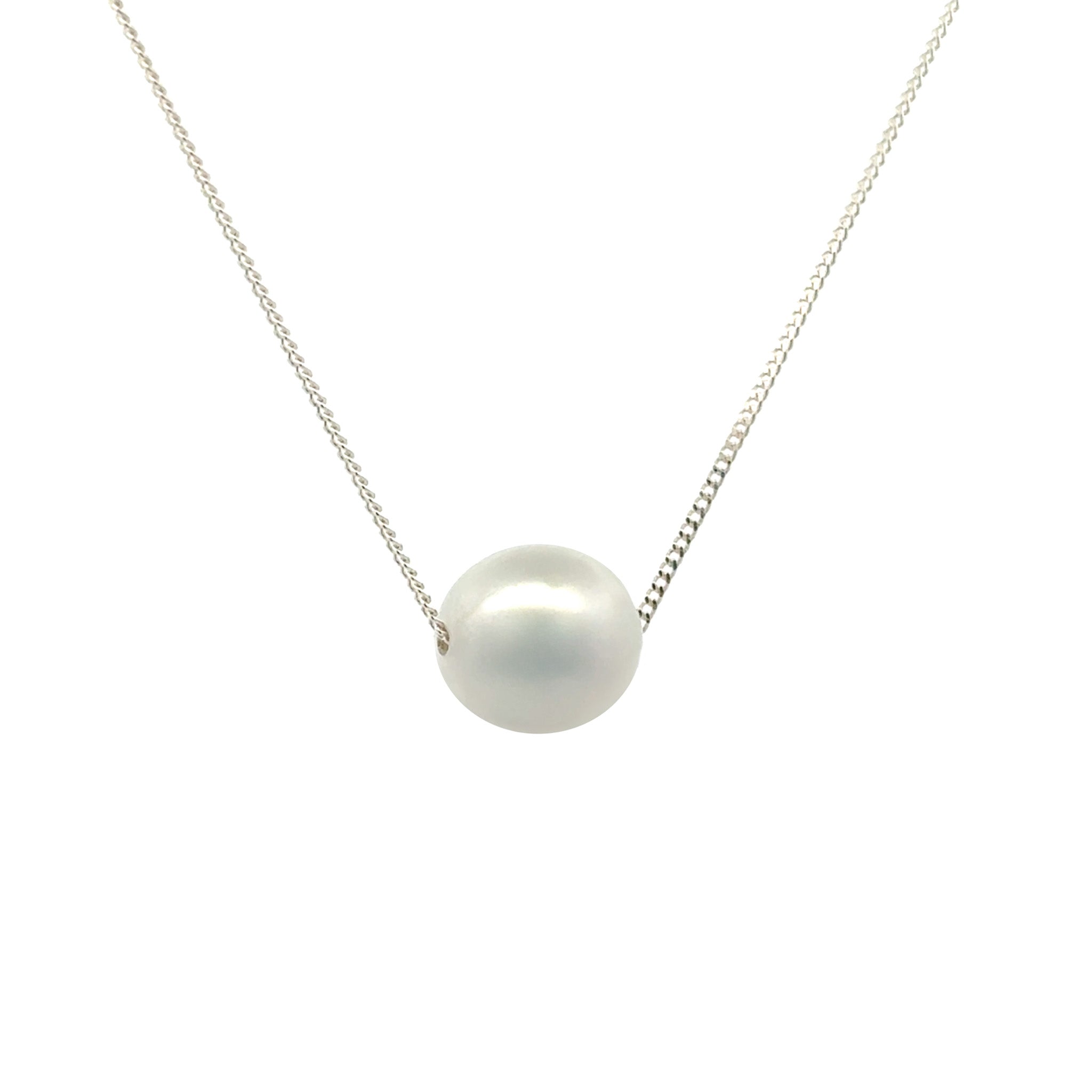 Sterling Silver Australian South Sea 10-11 mm Cultured Pearl Necklace side view on a white background