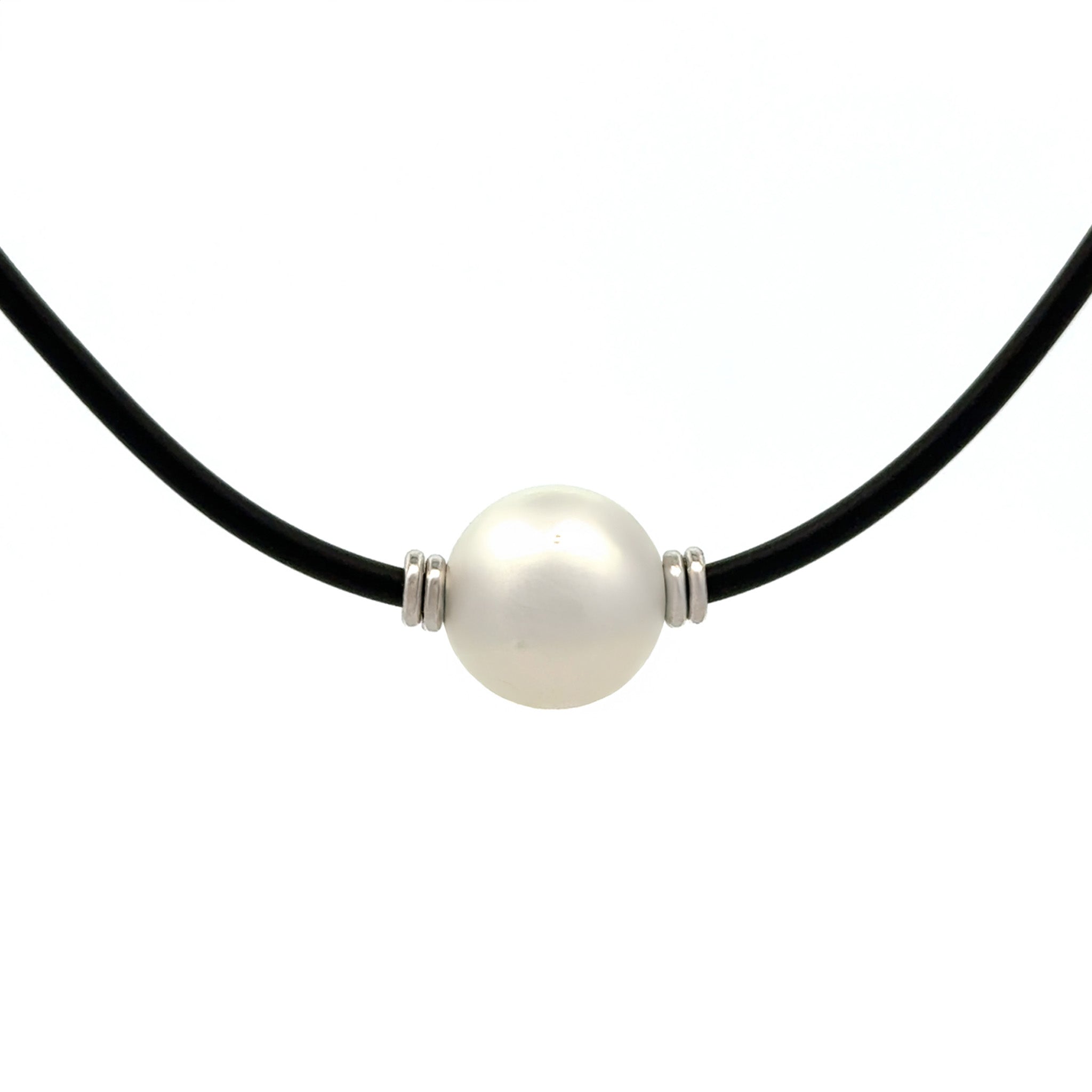 Sterling Silver Australian South Sea 11-12 mm Cultured Pearl Neoprene Necklace front view with white background