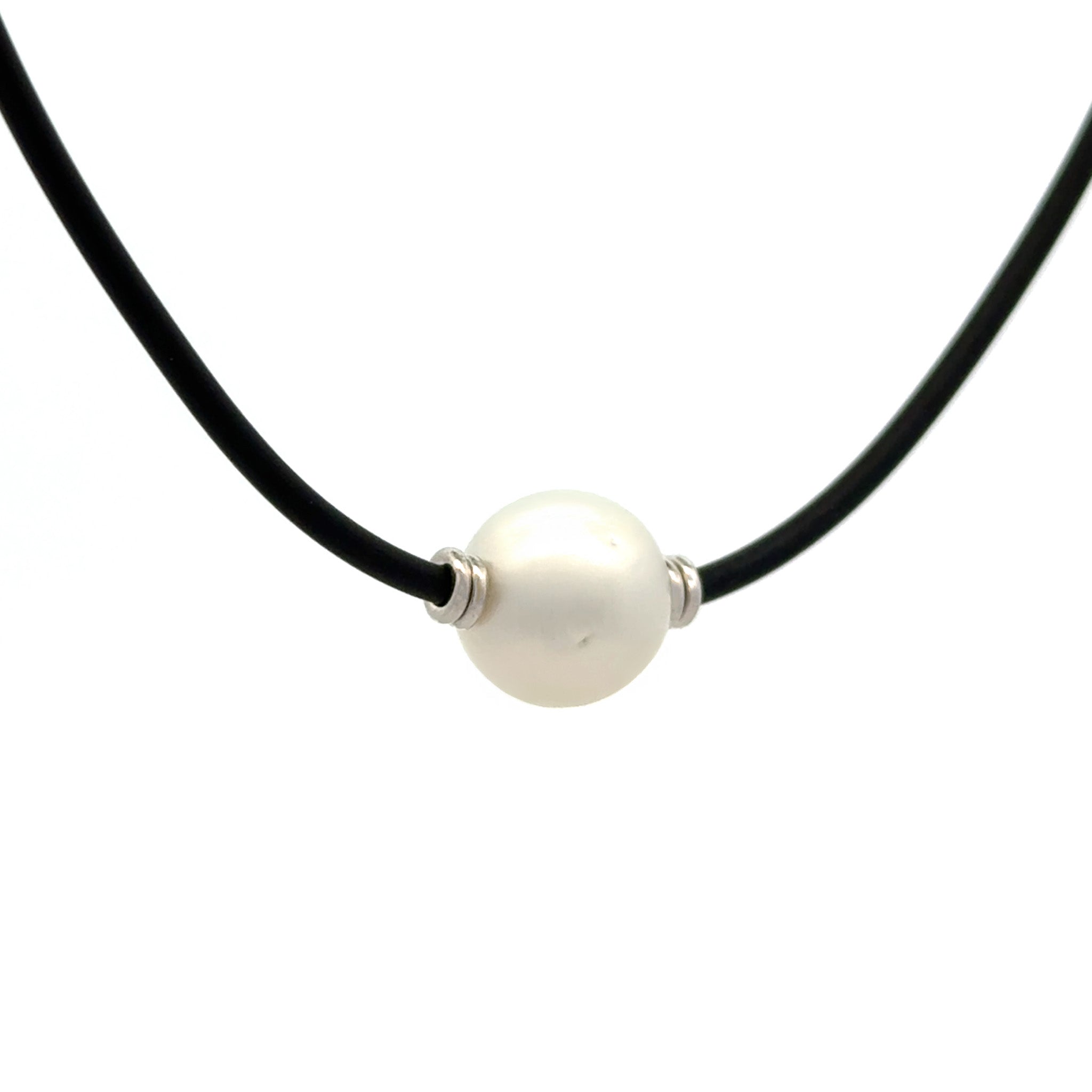 Sterling Silver Australian South Sea 11-12 mm Cultured Pearl Neoprene Necklace side view with white background