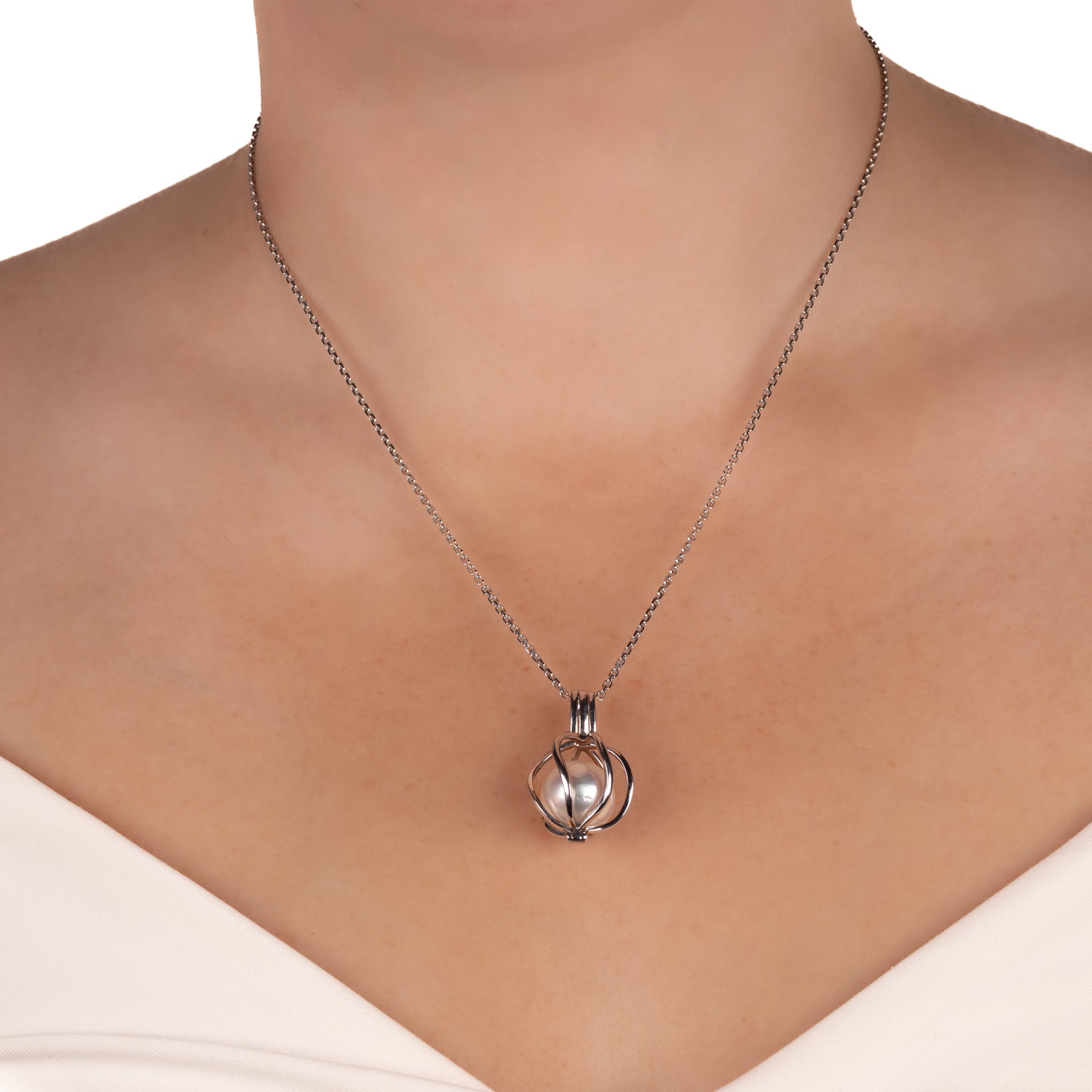 Sterling Silver South Sea Cultured Curved Cage Pearl Pendant on a model