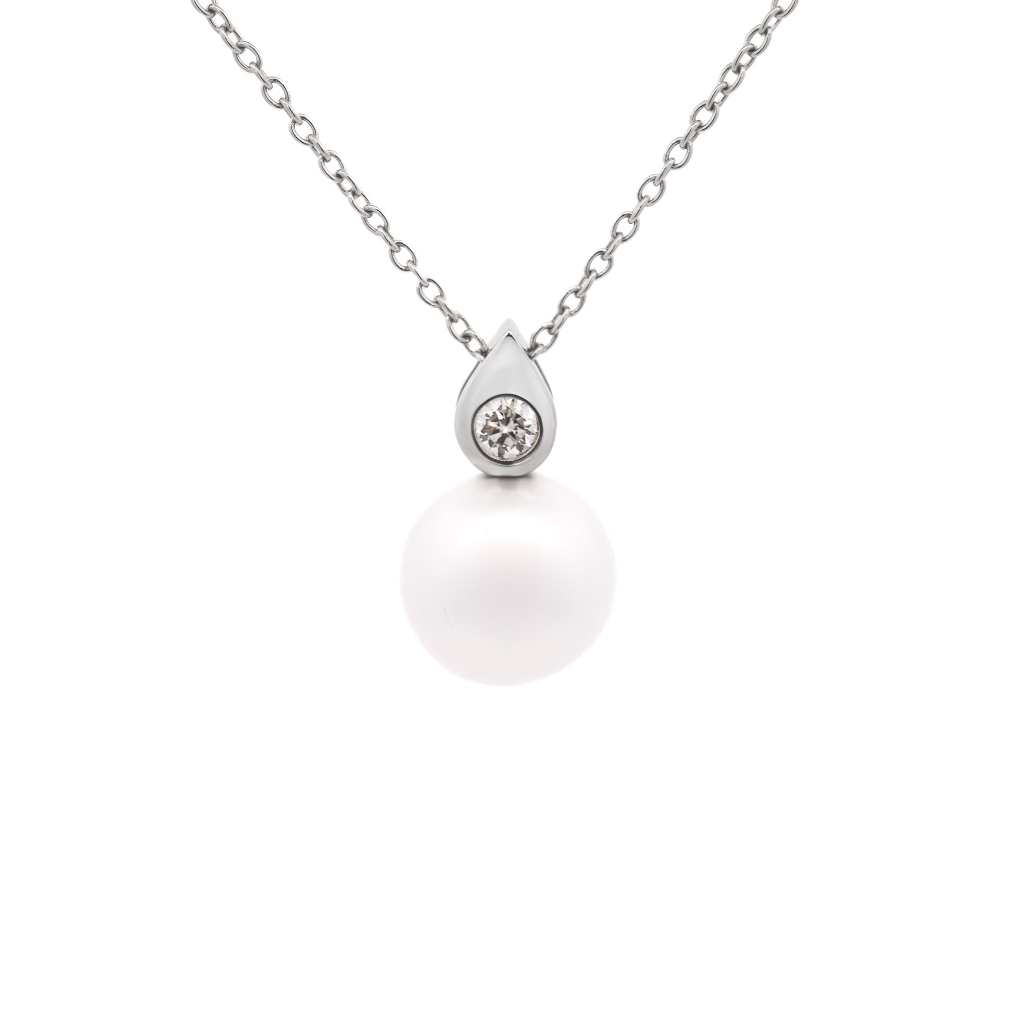 18K White Gold Australian South Sea 13-14 mm Cultured Pearl and Diamond Pendant front view