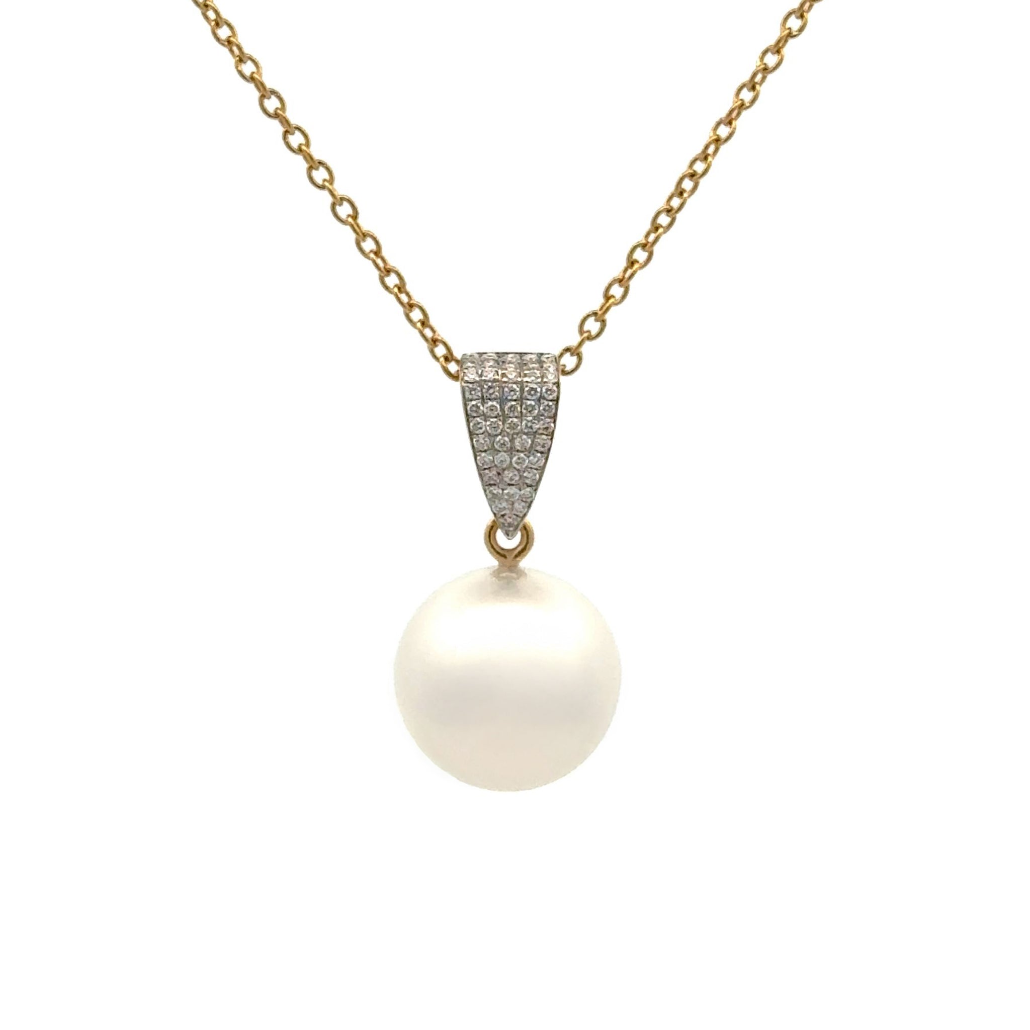 18K Yellow Gold Australian South Sea 14-15mm Cultured Pearl and Diamond Pendant front view