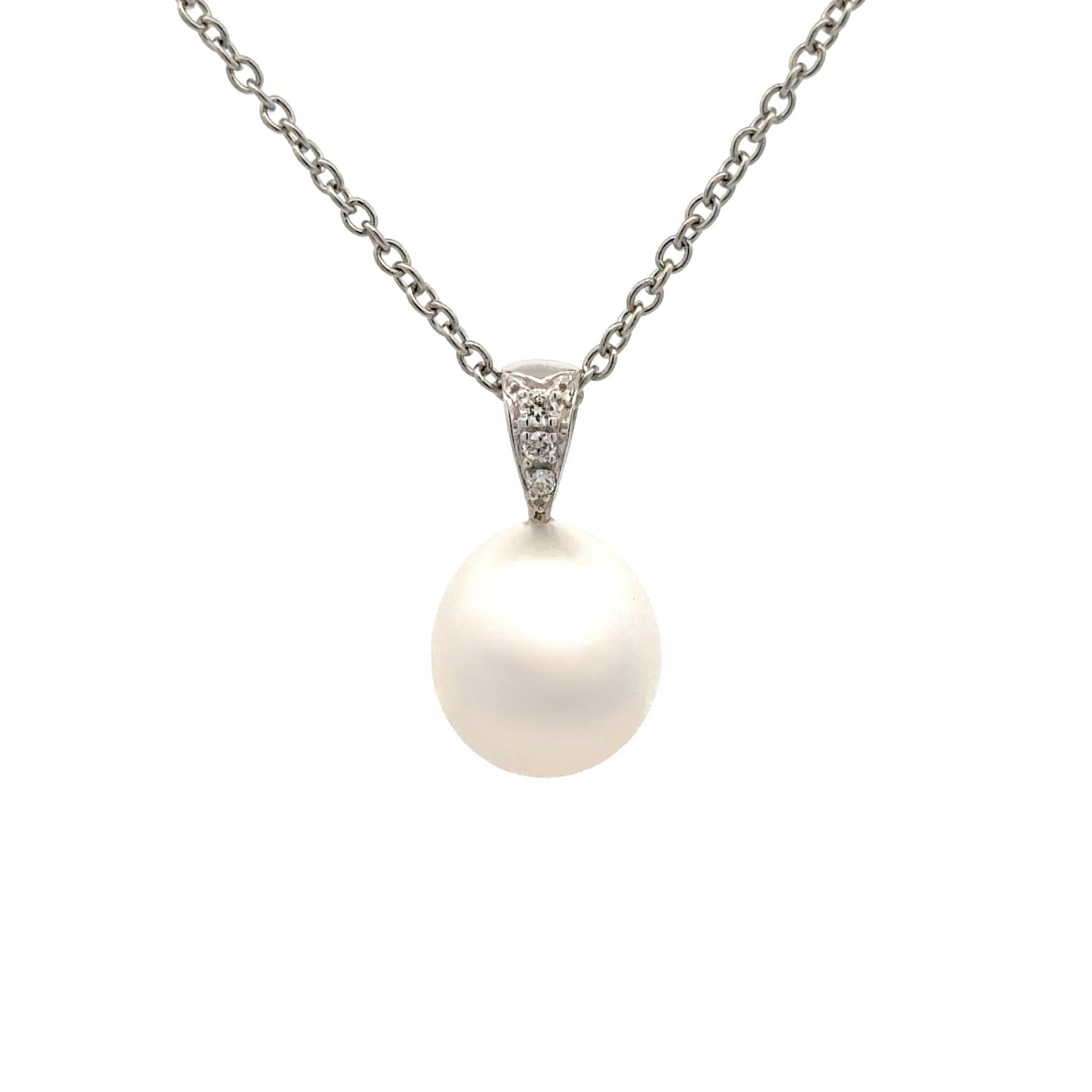 18K White Gold Australian South Sea Cultured 11-12mm Pearl and Diamond Pendant front view