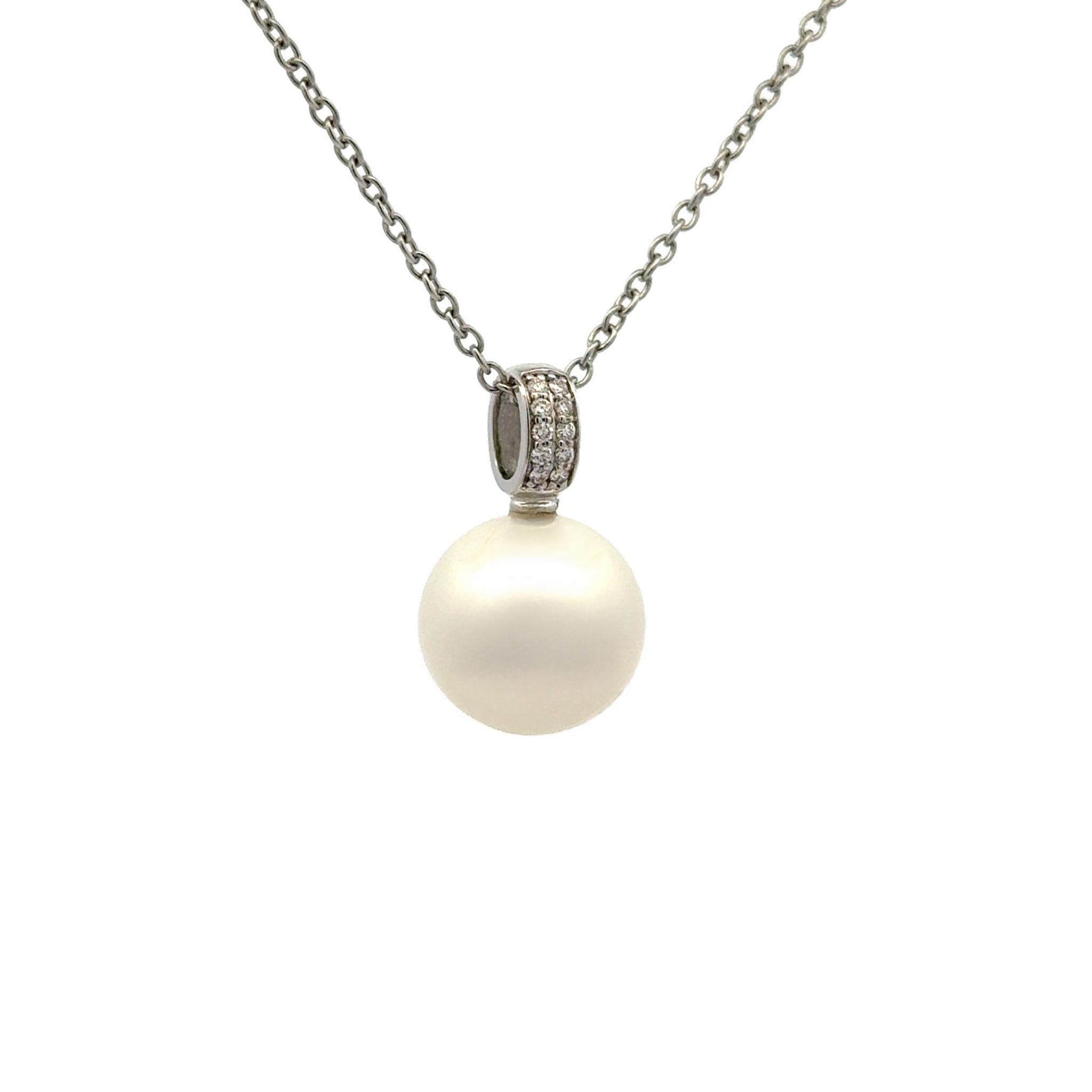 18K White Gold Australian South Sea 13-14mm Cultured Pearl and Diamond Pendant side view