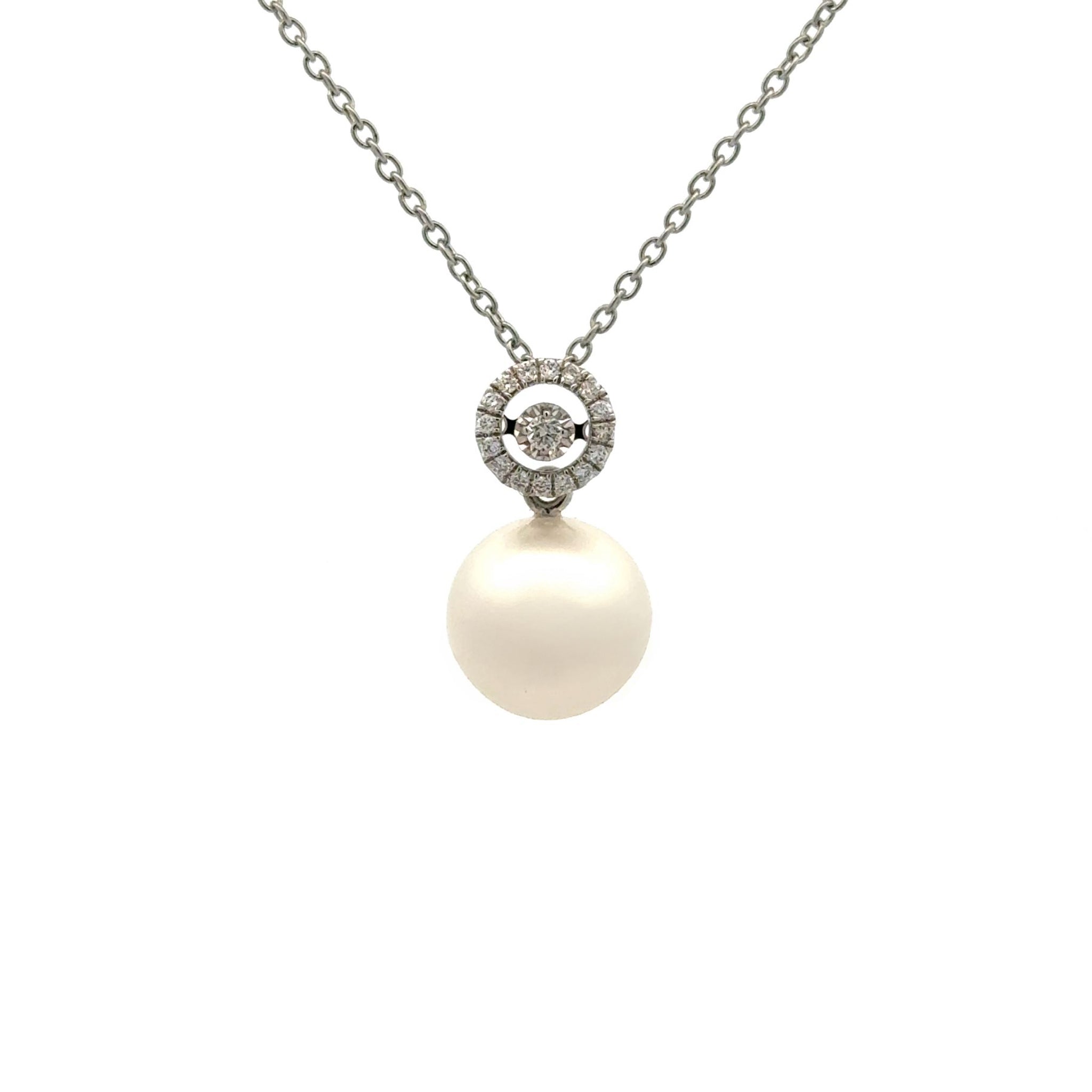 18K White Gold Australian South Sea 13-14mm Cultured Pearl and Diamond Pendant front view