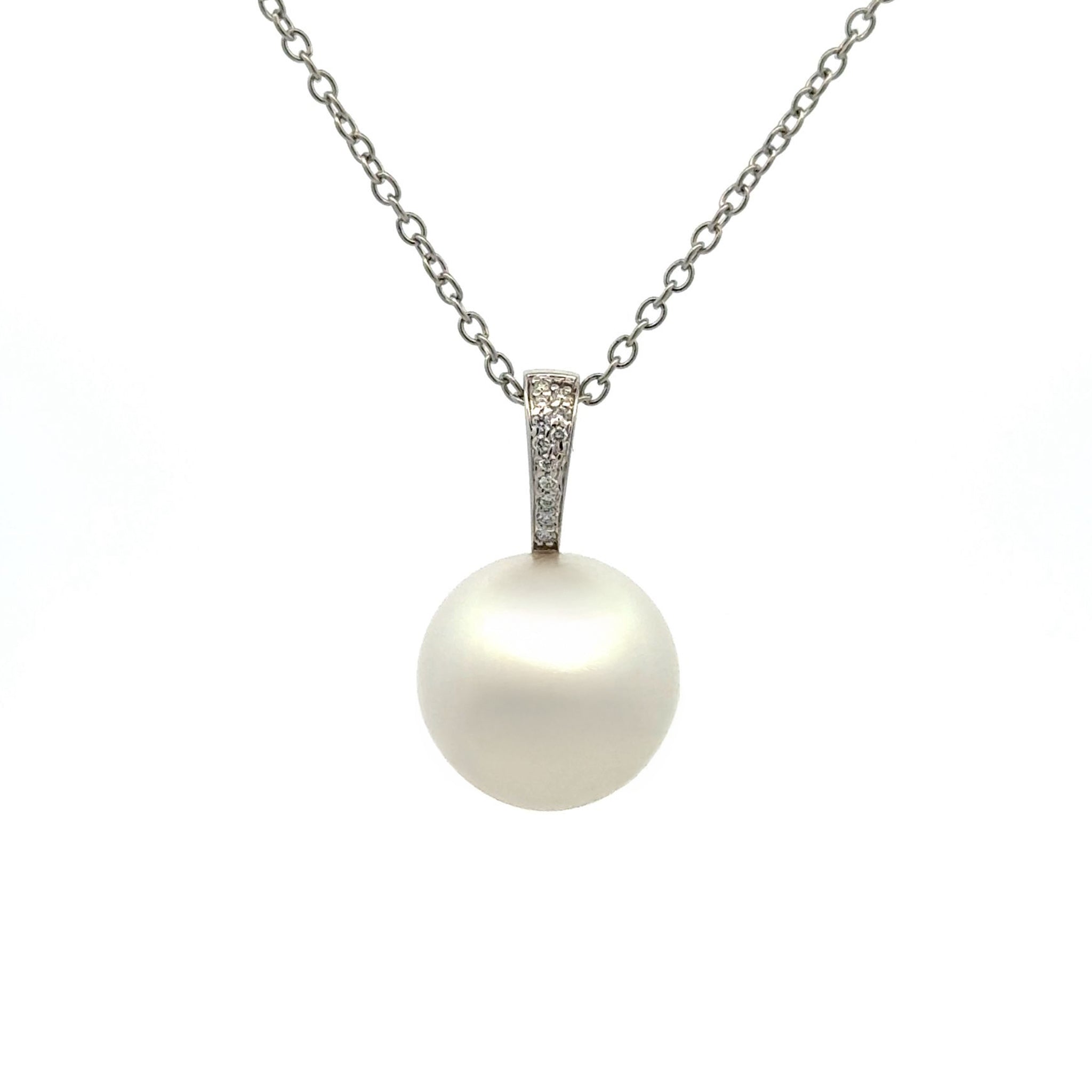 18K White Gold Australian South Sea 15-16mm Cultured Pearl and Diamond Pendant front view
