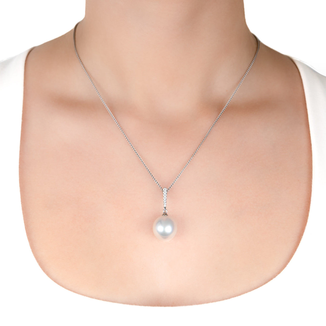 18K White Gold Australian South Sea 14-15mm Cultured Pearl and Diamond Pendant on a model