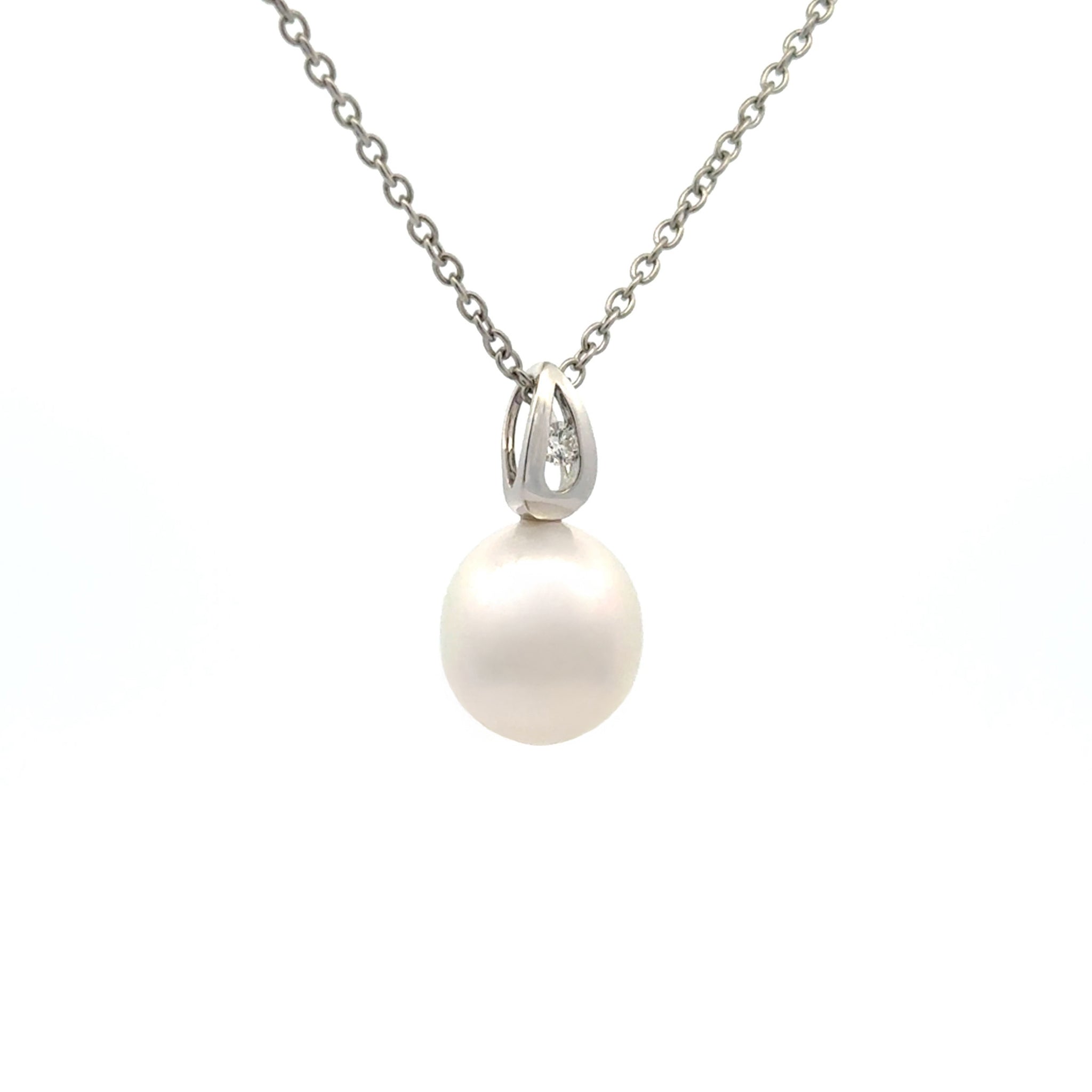 18K White Gold Australian South Sea 11-12mm Cultured Pearl and Diamond Pendant