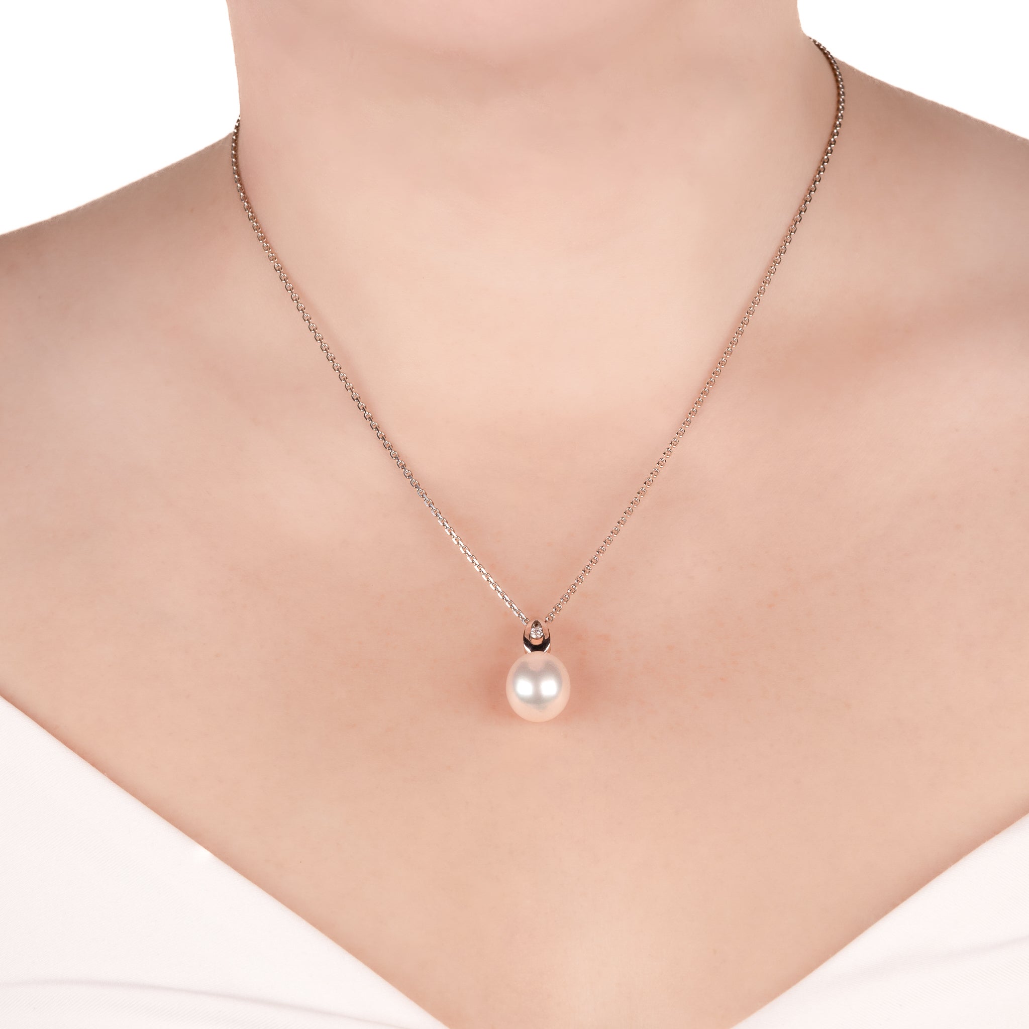 18K White Gold Australian South Sea 11-12mm Cultured Pearl and Diamond Pendant on a model