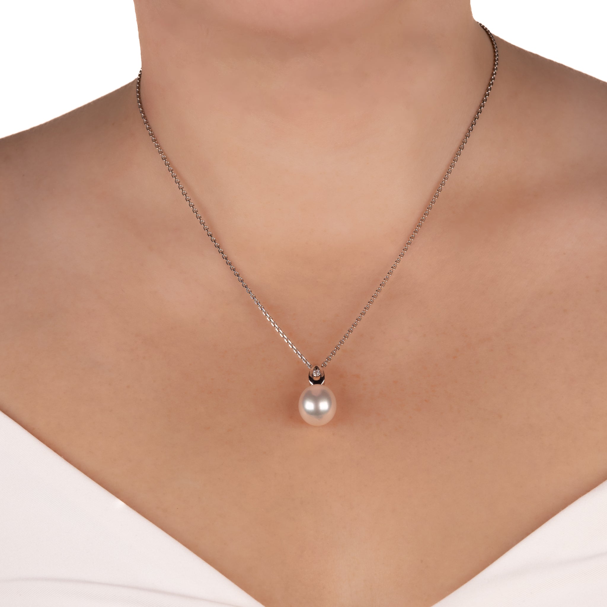 18K White Gold Australian South Sea 11-12mm Cultured Pearl and Diamond Pendant worn on a model