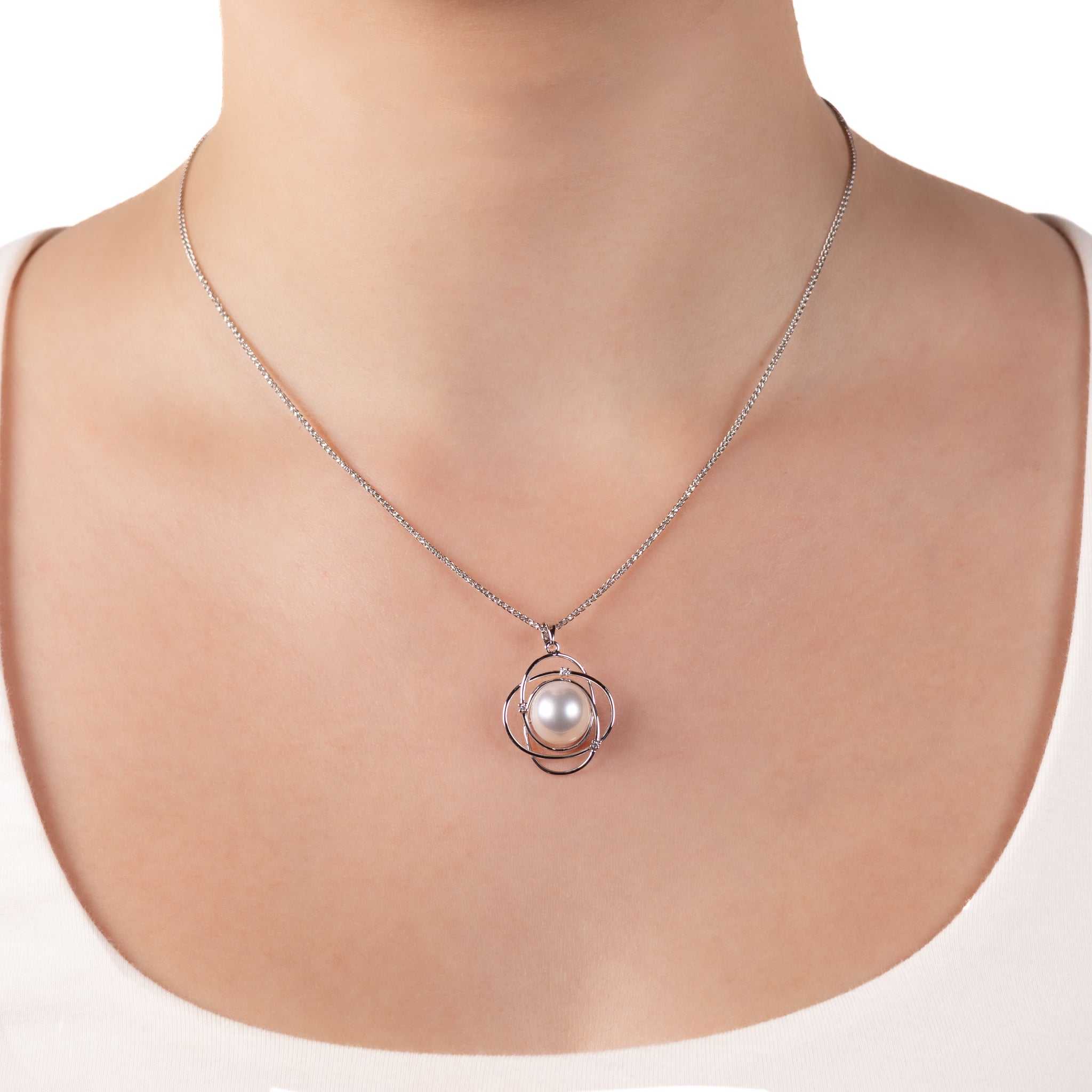 18K White Gold Australian South Sea Cultured 10-11mm Pearl and Diamond Pendant on a model
