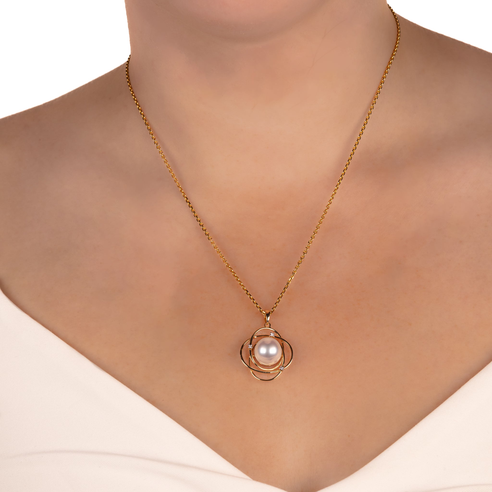 18K Yellow Gold Australian South Sea 10-11mm Cultured Pearl and Diamond Pendant on a Model