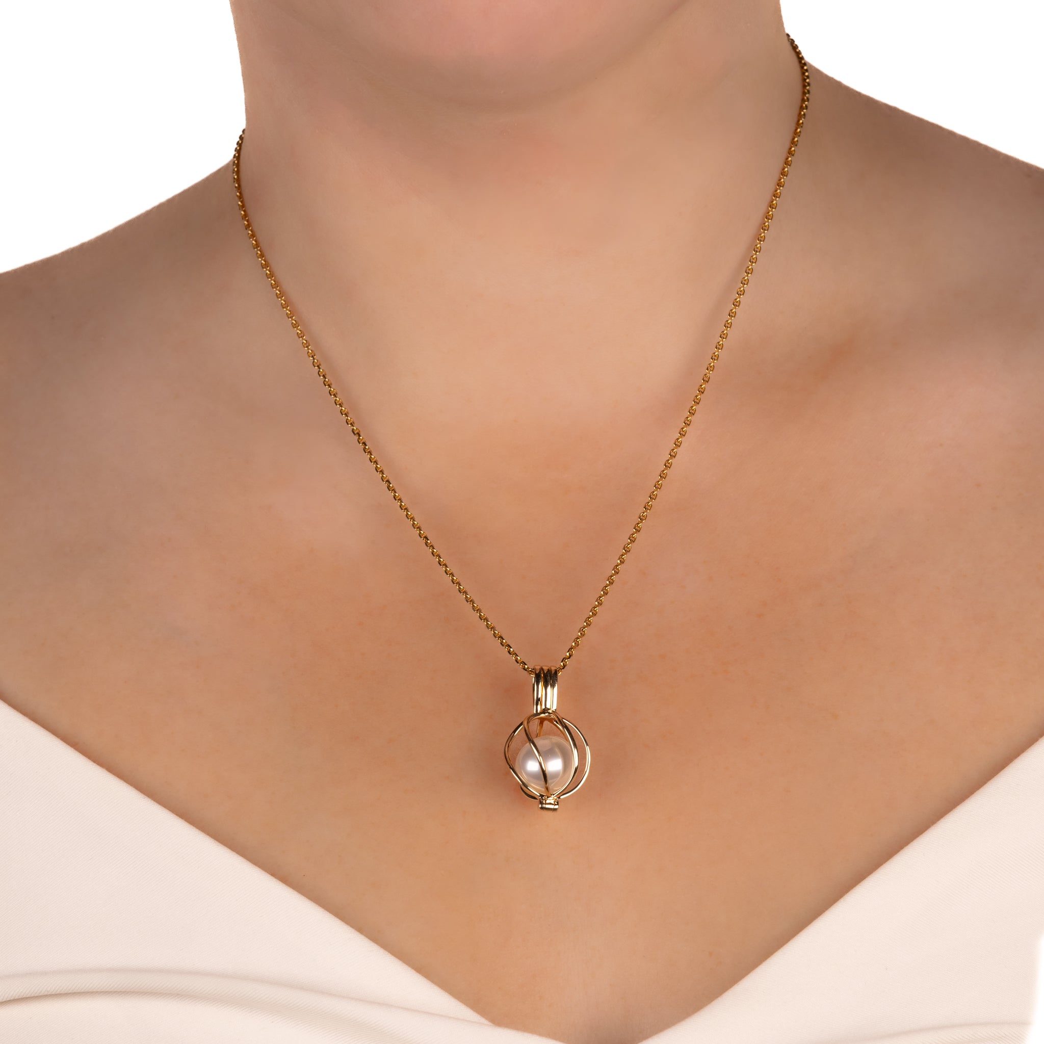 9K Yellow Gold Australian South Sea Cultured 10-11mm Cage Pendant on a Model