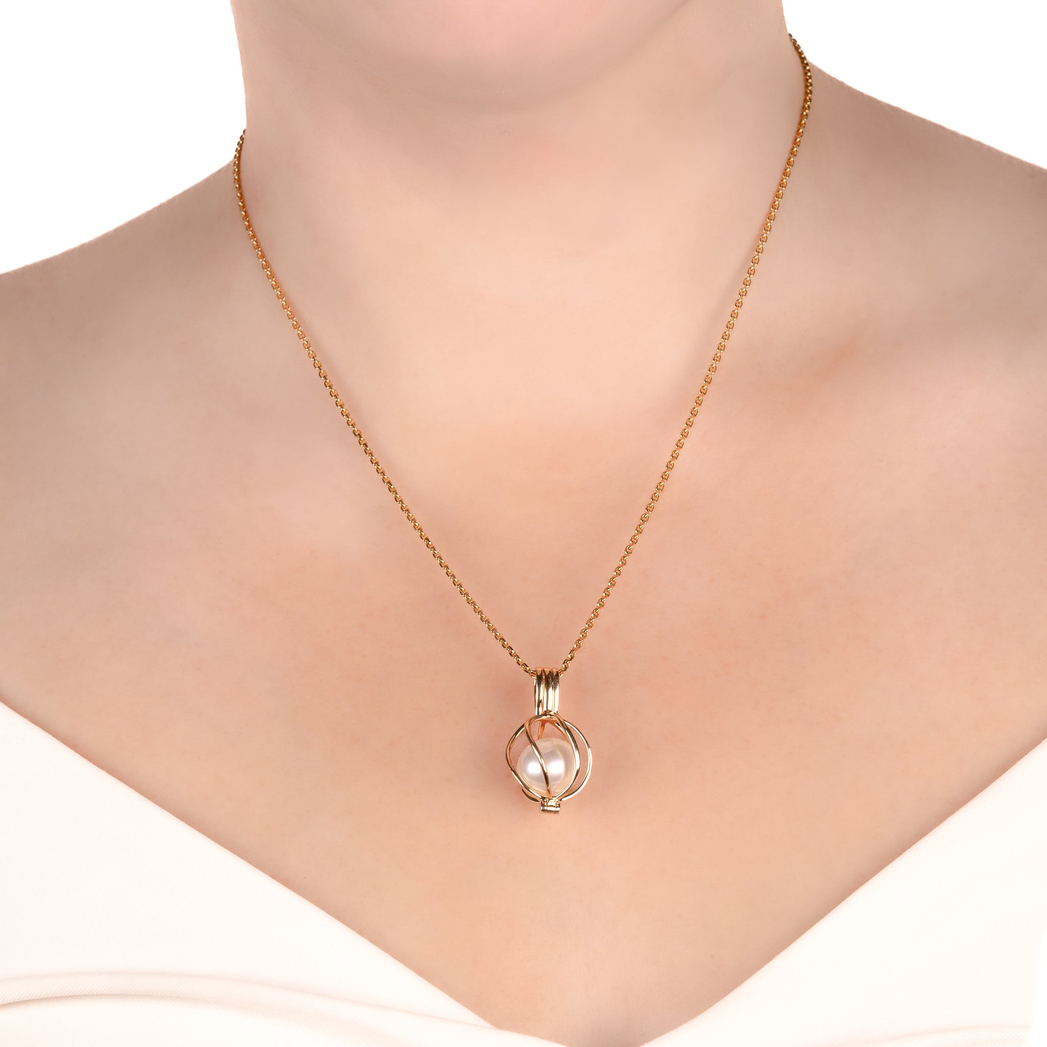 9K Yellow Gold Australian South Sea Cultured 10-11mm Pearl Cage Pendant on a model