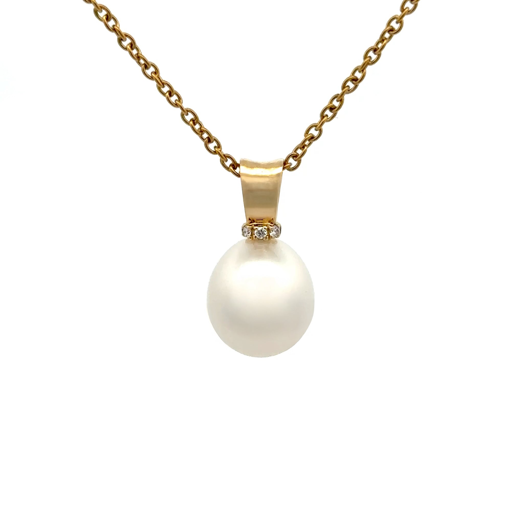 18K Yellow Gold Australian South Sea Cultured 11-12mm Pearl and Diamond Pendant front view