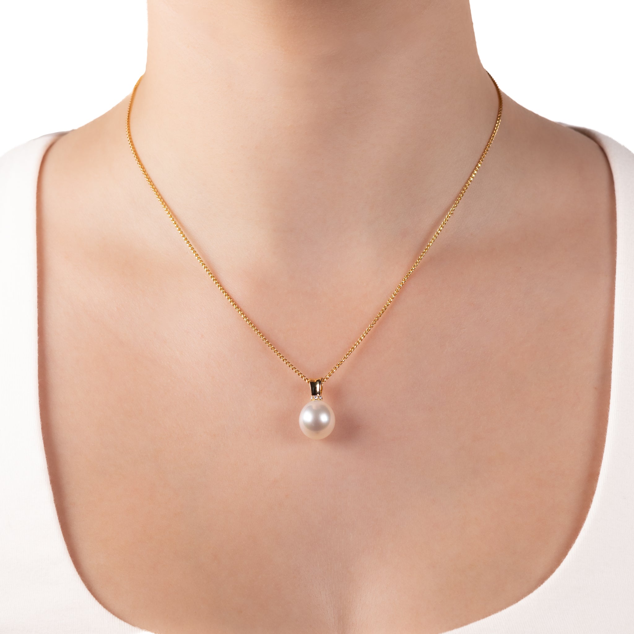 18K Yellow Gold Australian South Sea Cultured 11-12mm Pearl and Diamond Pendant on a model