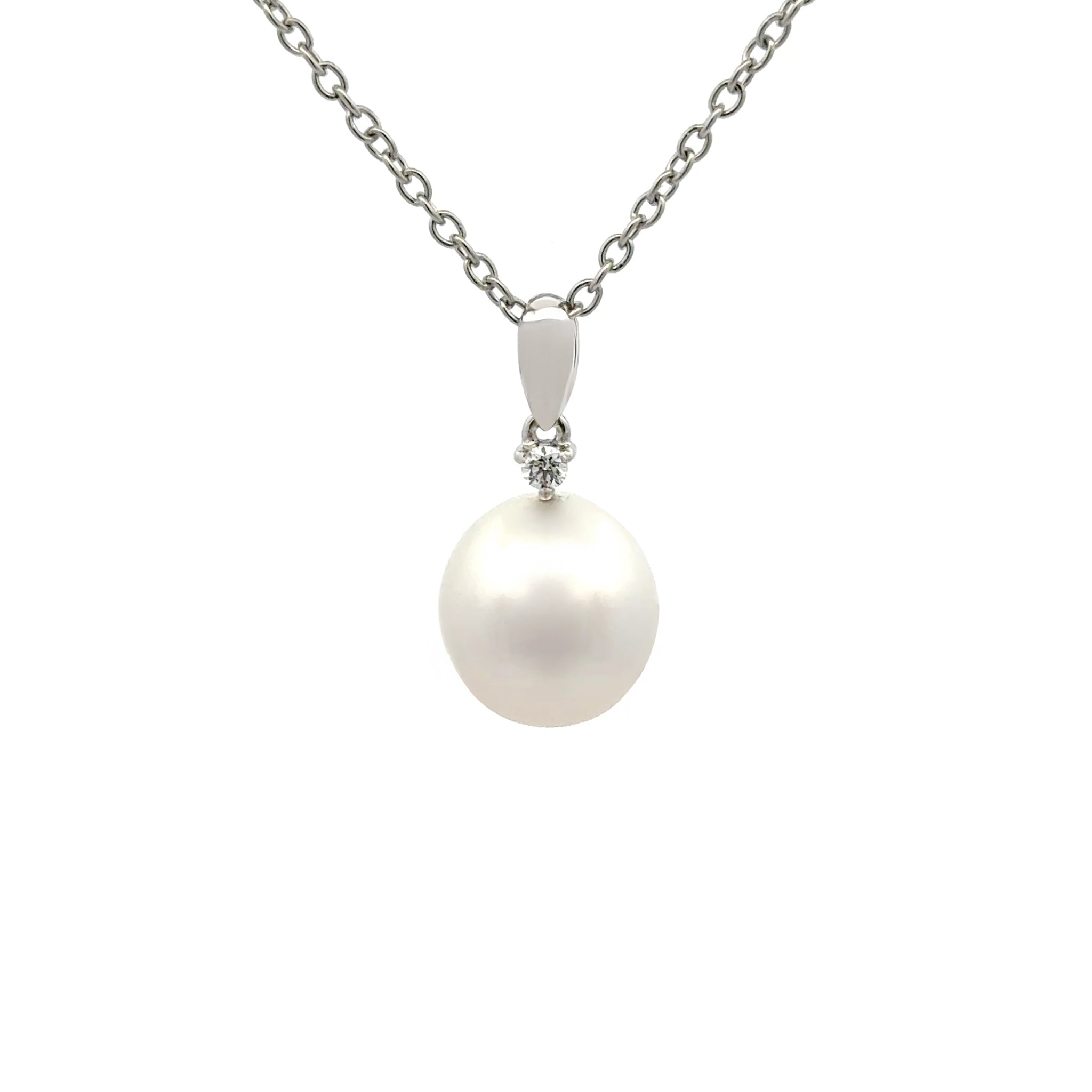 18K White Gold Australian South Sea 11-12mm Cultured Pearl and Diamond Pendant front view