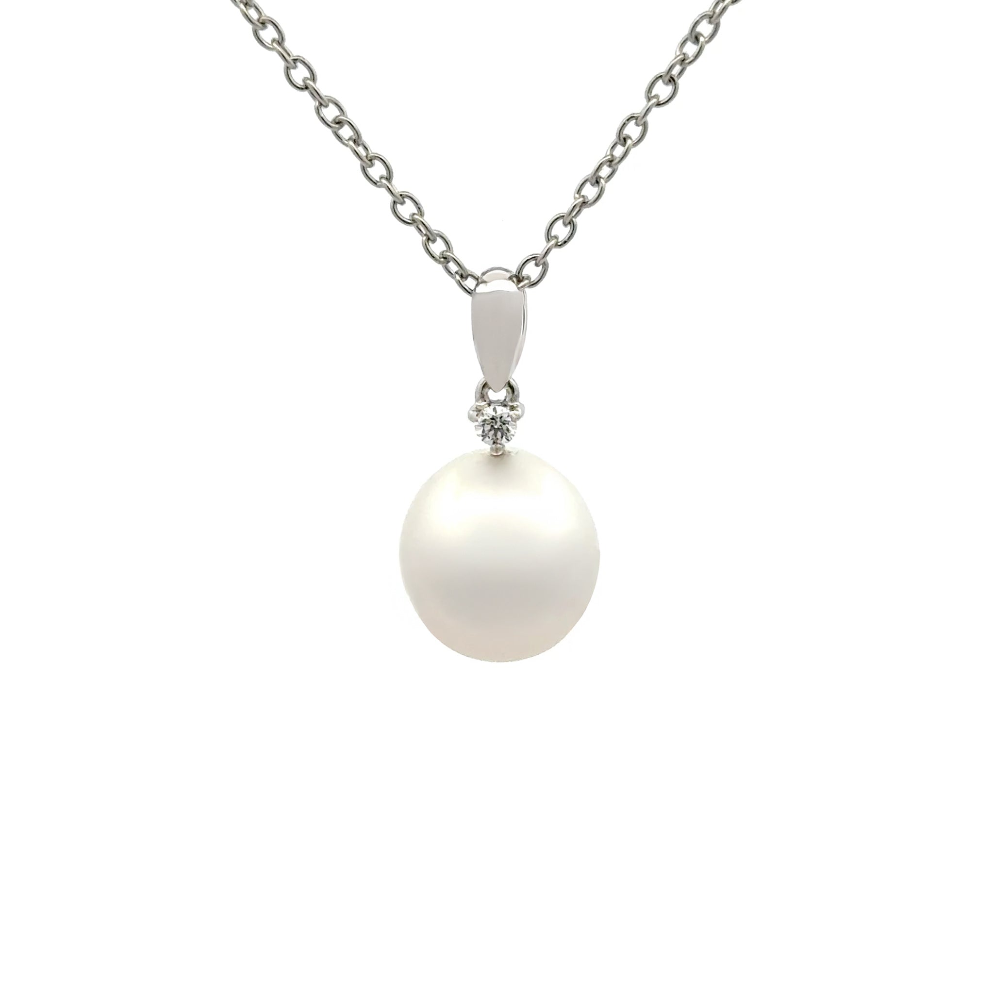 18K White Gold Australian South Sea 11-12mm Cultured Pearl and Diamond Pendant front view