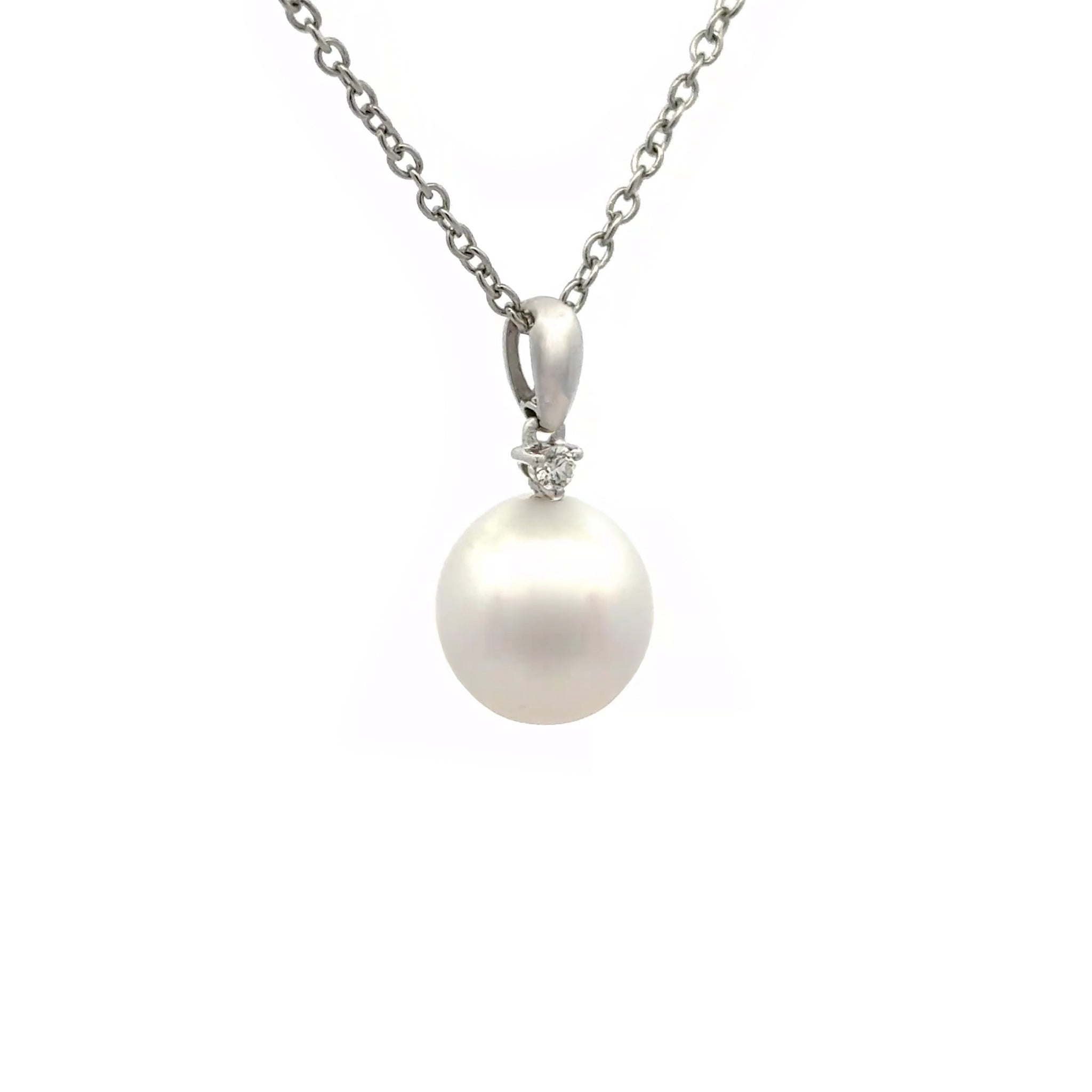 18K White Gold Australian South Sea 11-12mm Cultured Pearl and Diamond Pendant side view