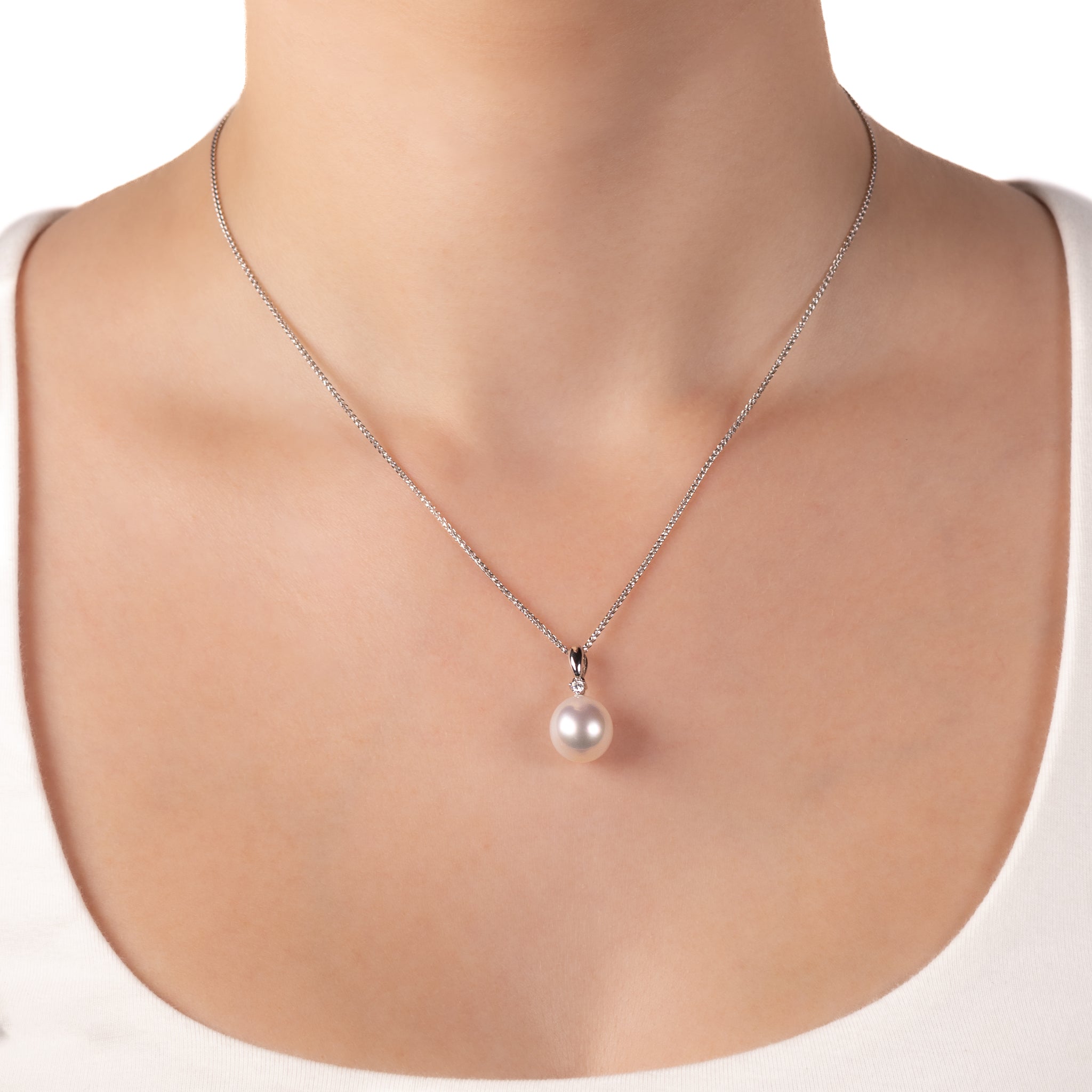 18K White Gold Australian South Sea 11-12mm Cultured Pearl and Diamond Pendant on a model