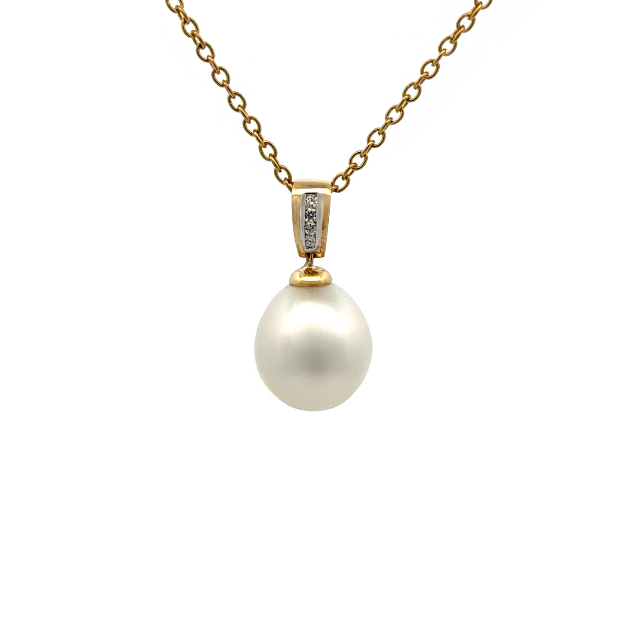 18K Yellow Gold Australian South Sea 11-12mm Cultured Pearl and Diamond Pendant front view