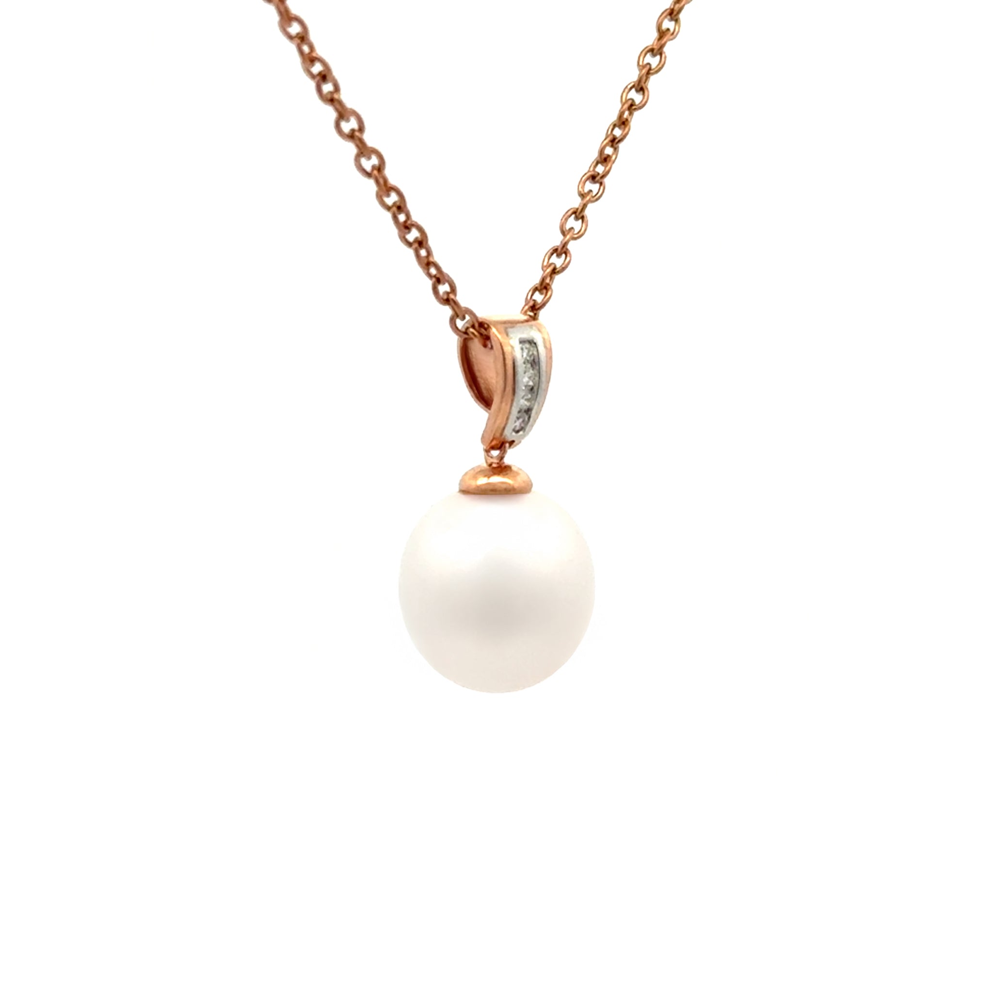 18K Rose Gold Australian South Sea 11-12mm Cultured Pearl and Diamond Pendant on a rose gold chain with a white background with rose gold chain and clasp on a white background