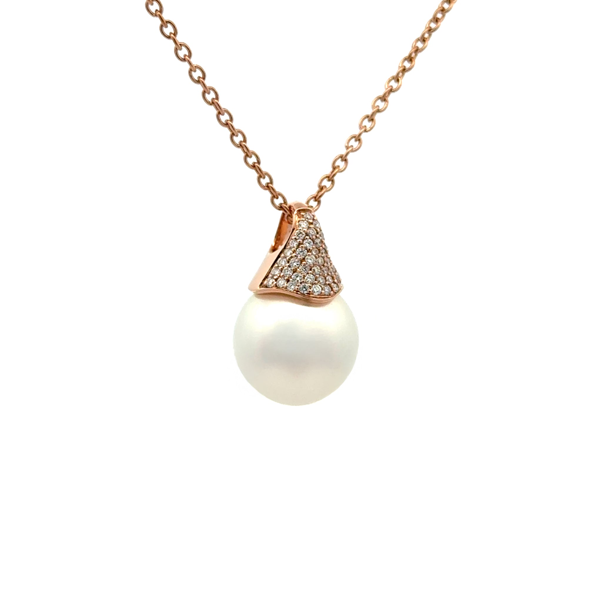 18K Rose Gold Australian South Sea 12-13mm Cultured Pearl and Diamond Pendant side view