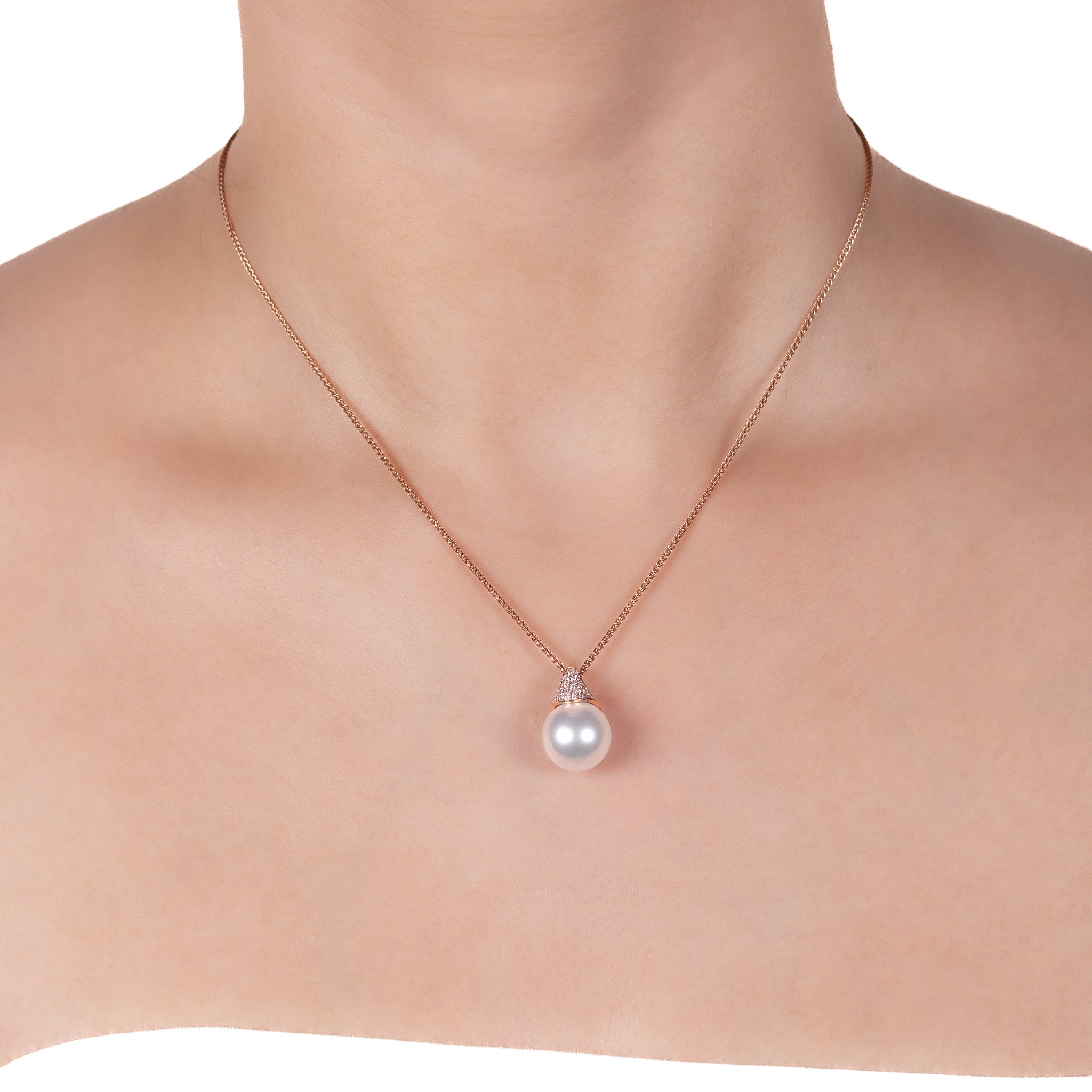 18K Rose Gold Australian South Sea 12-13mm Cultured Pearl and Diamond Pendant on a model