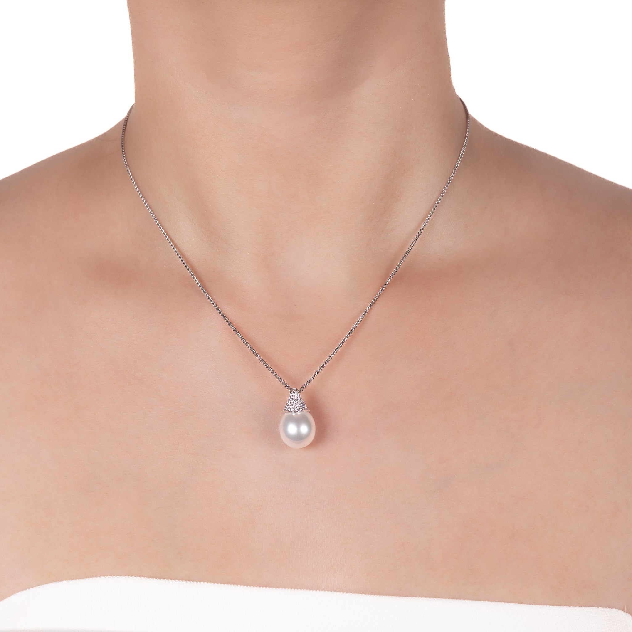 18K White Gold Australian South Sea 12-13mm Cultured Pearl and Diamond Pendant on a model