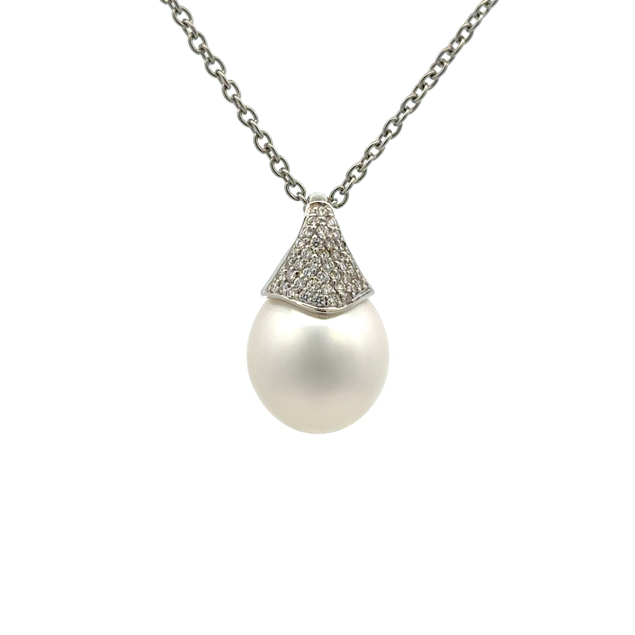 18K White Gold Australian South Sea 12-13mm Cultured Pearl and Diamond Pendant front view with a White background