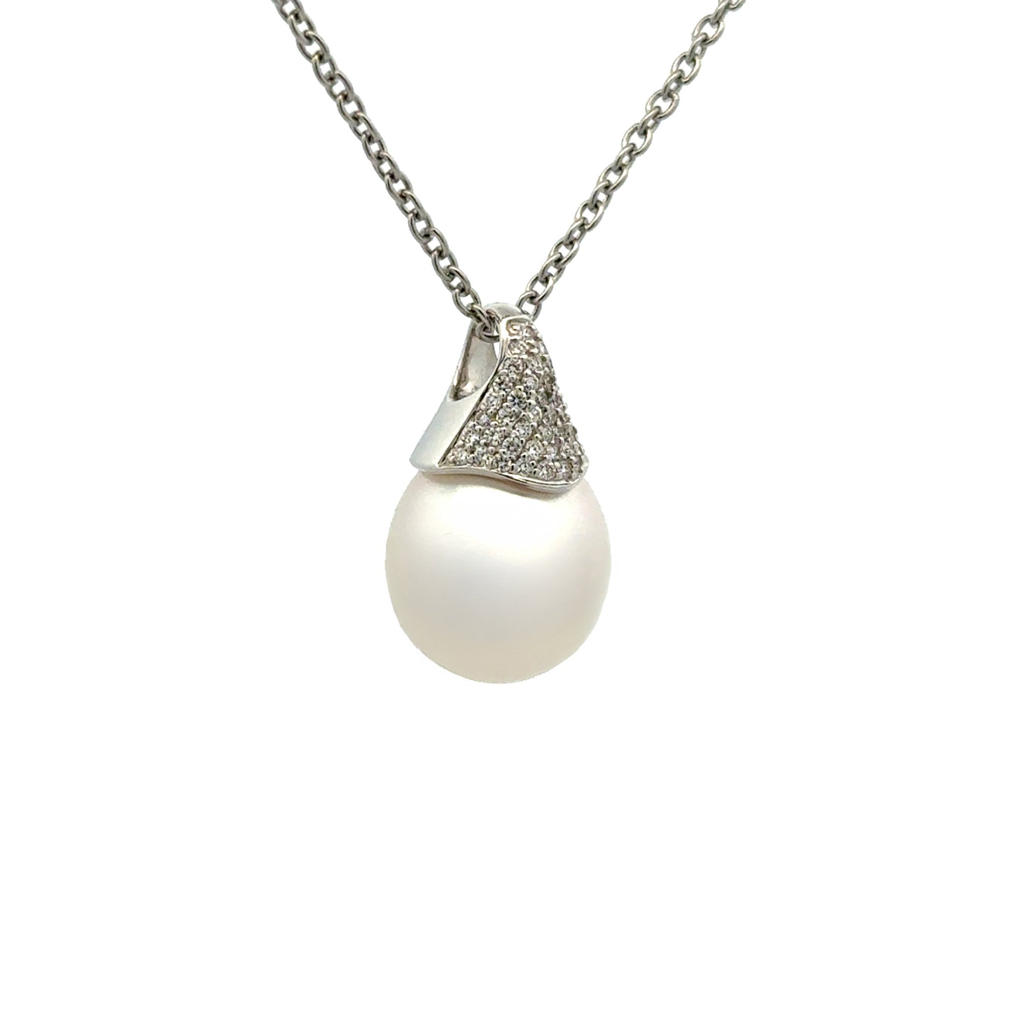 18K White Gold Australian South Sea 12-13mm Cultured Pearl and Diamond Pendant side view